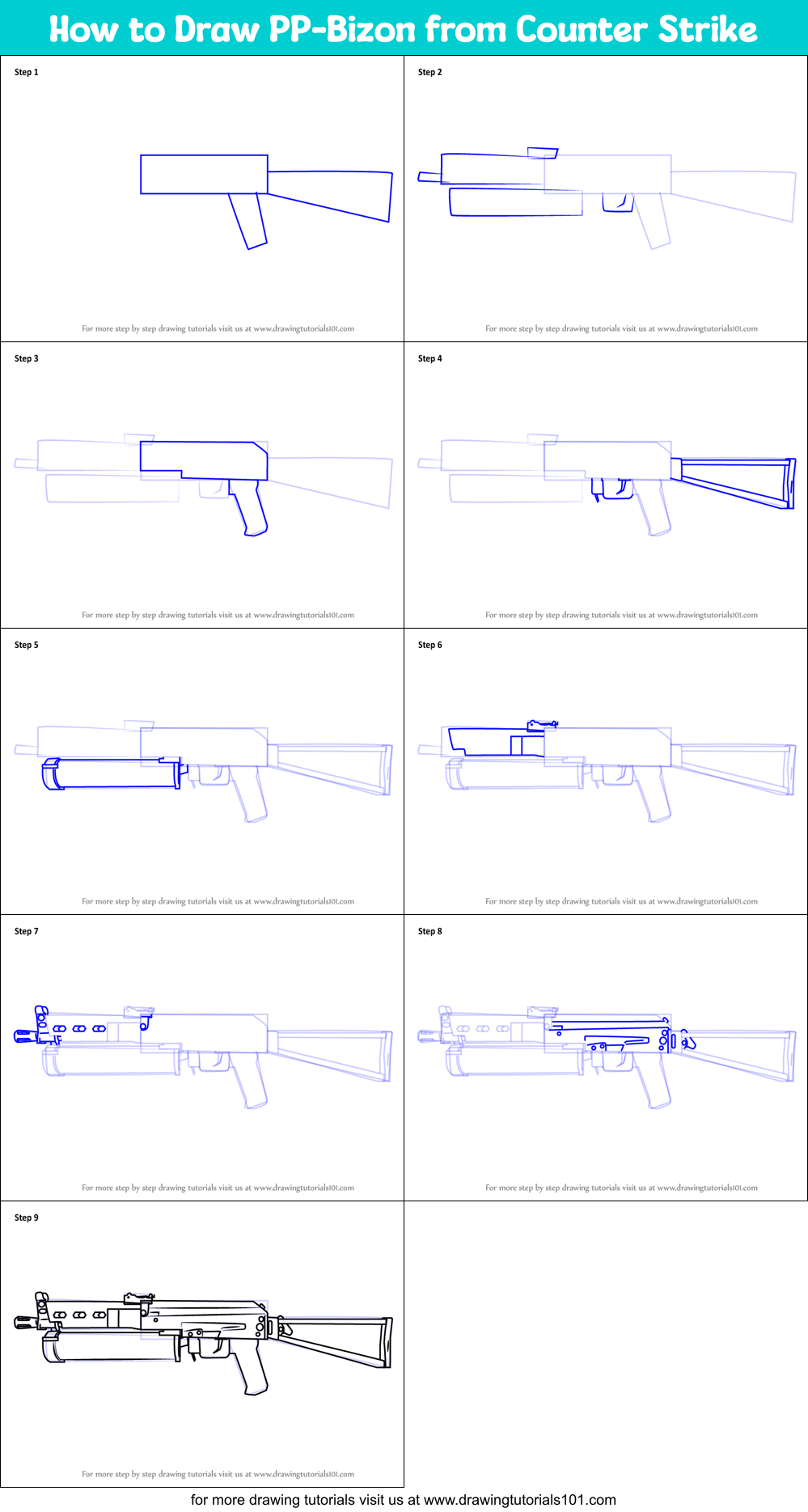 How to Draw PP-Bizon from Counter Strike printable step by step drawing ...