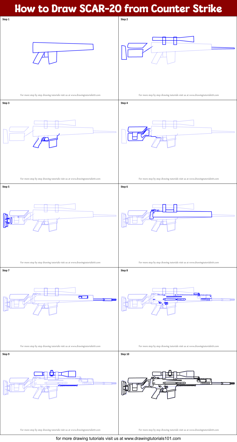 How to Draw SCAR-20 from Counter Strike (Counter Strike) Step by Step