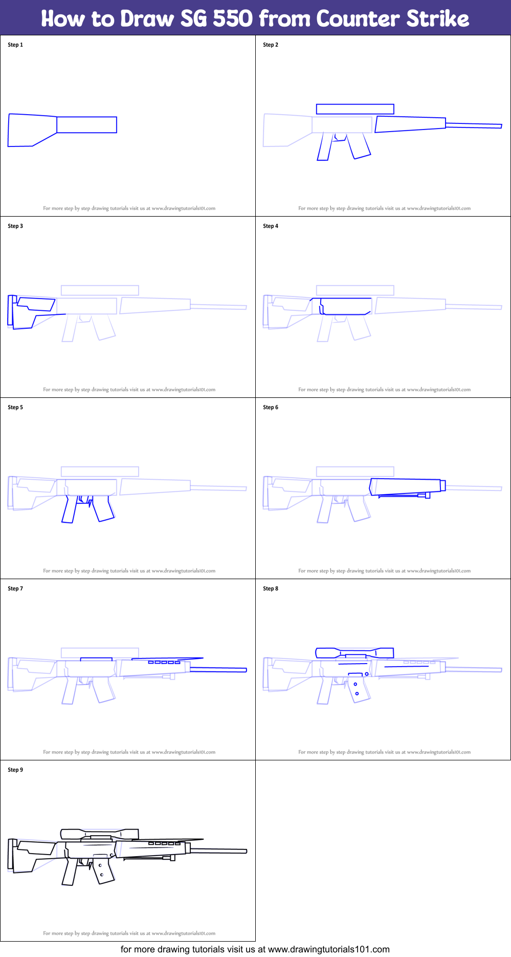How to Draw SG 550 from Counter Strike printable step by step drawing