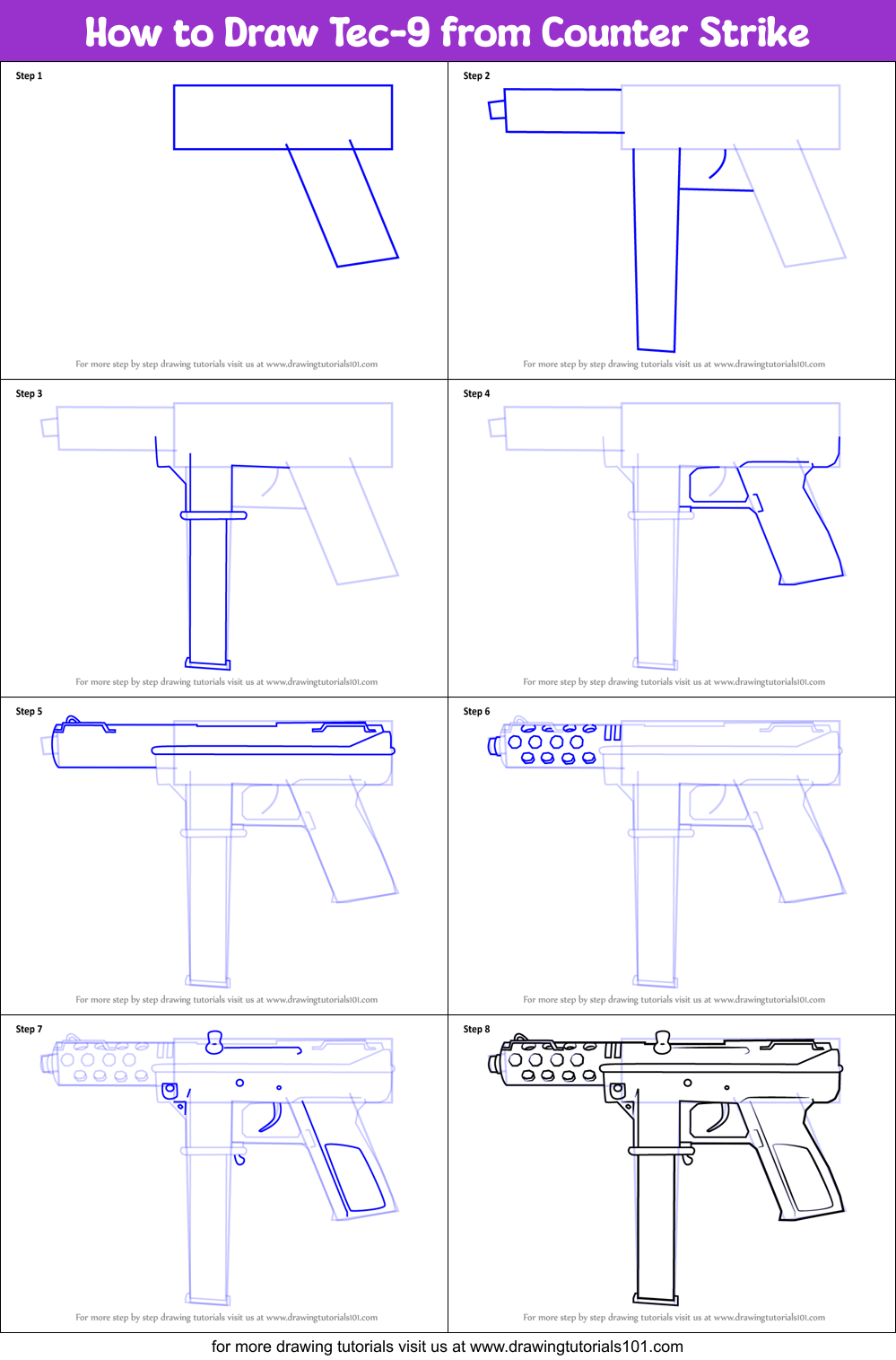 How to Draw Tec9 from Counter Strike printable step by step drawing