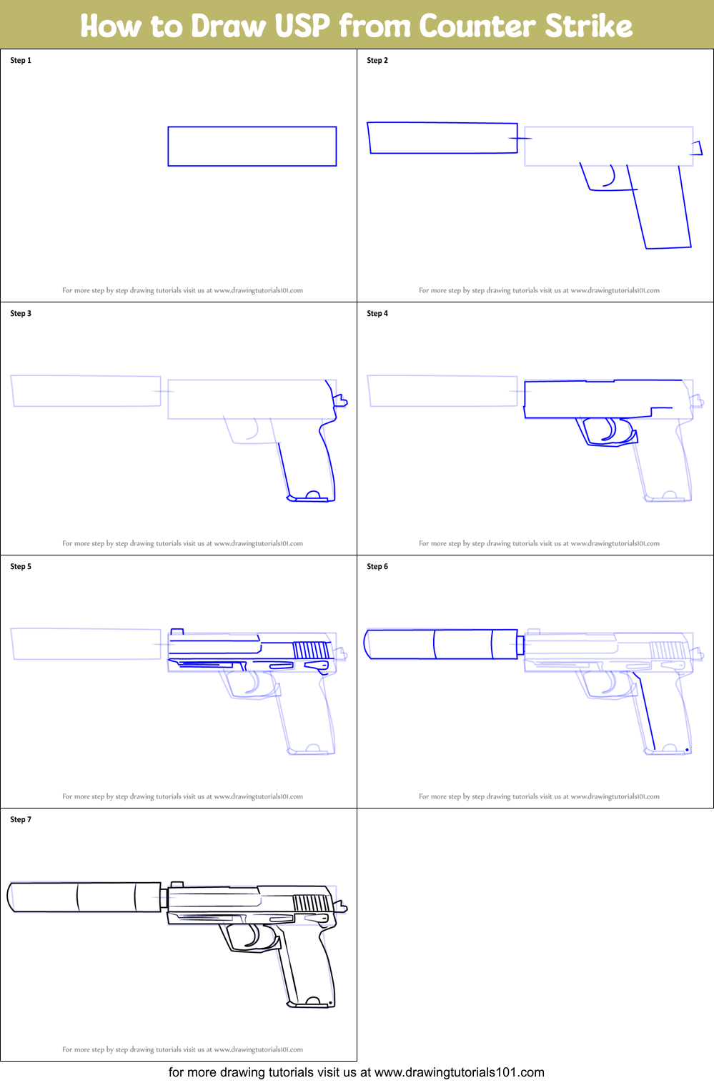 How to Draw USP from Counter Strike printable step by step drawing ...