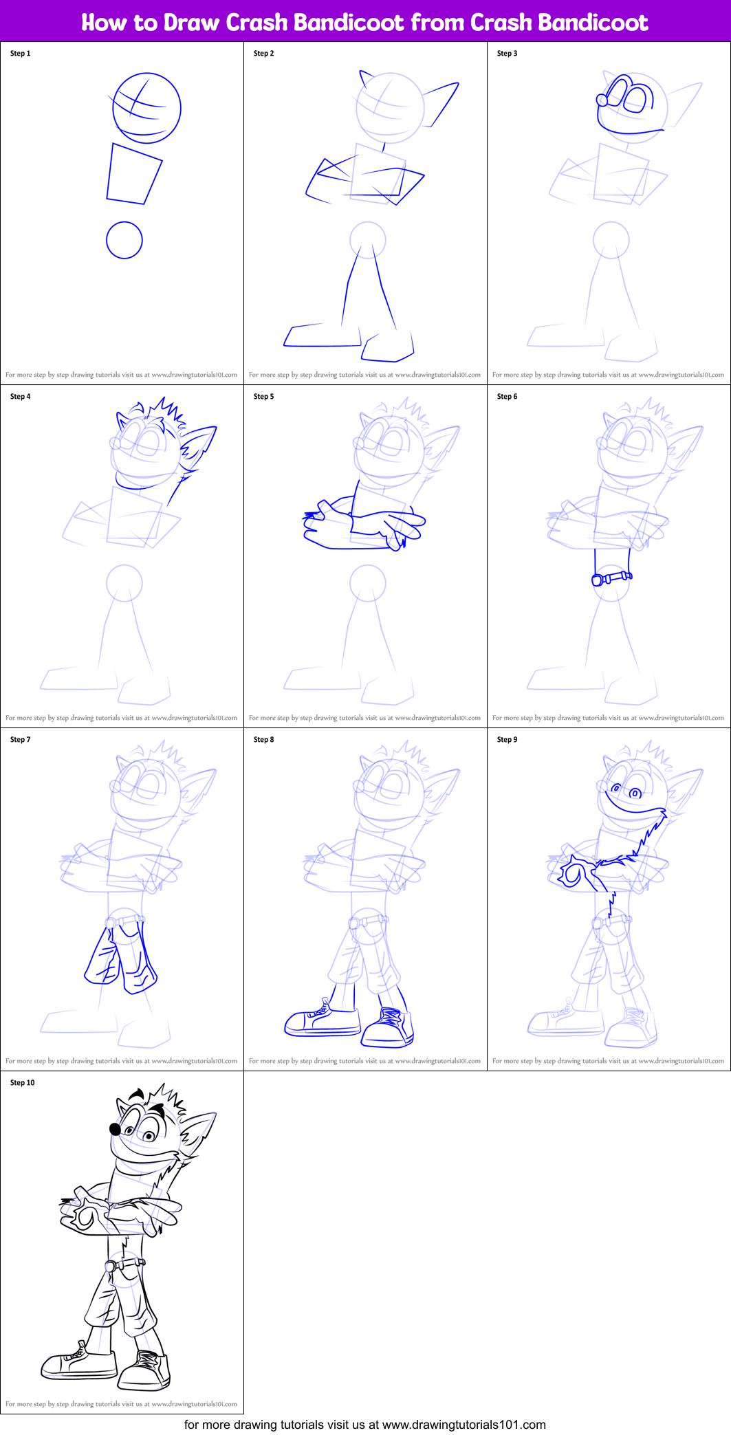 How to Draw Crash Bandicoot from Crash Bandicoot printable step by step