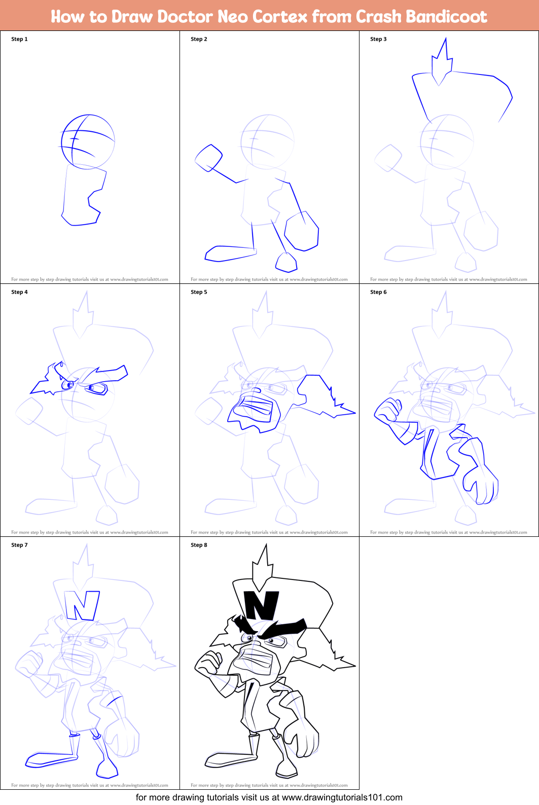 How to Draw Doctor Neo Cortex from Crash Bandicoot printable step by