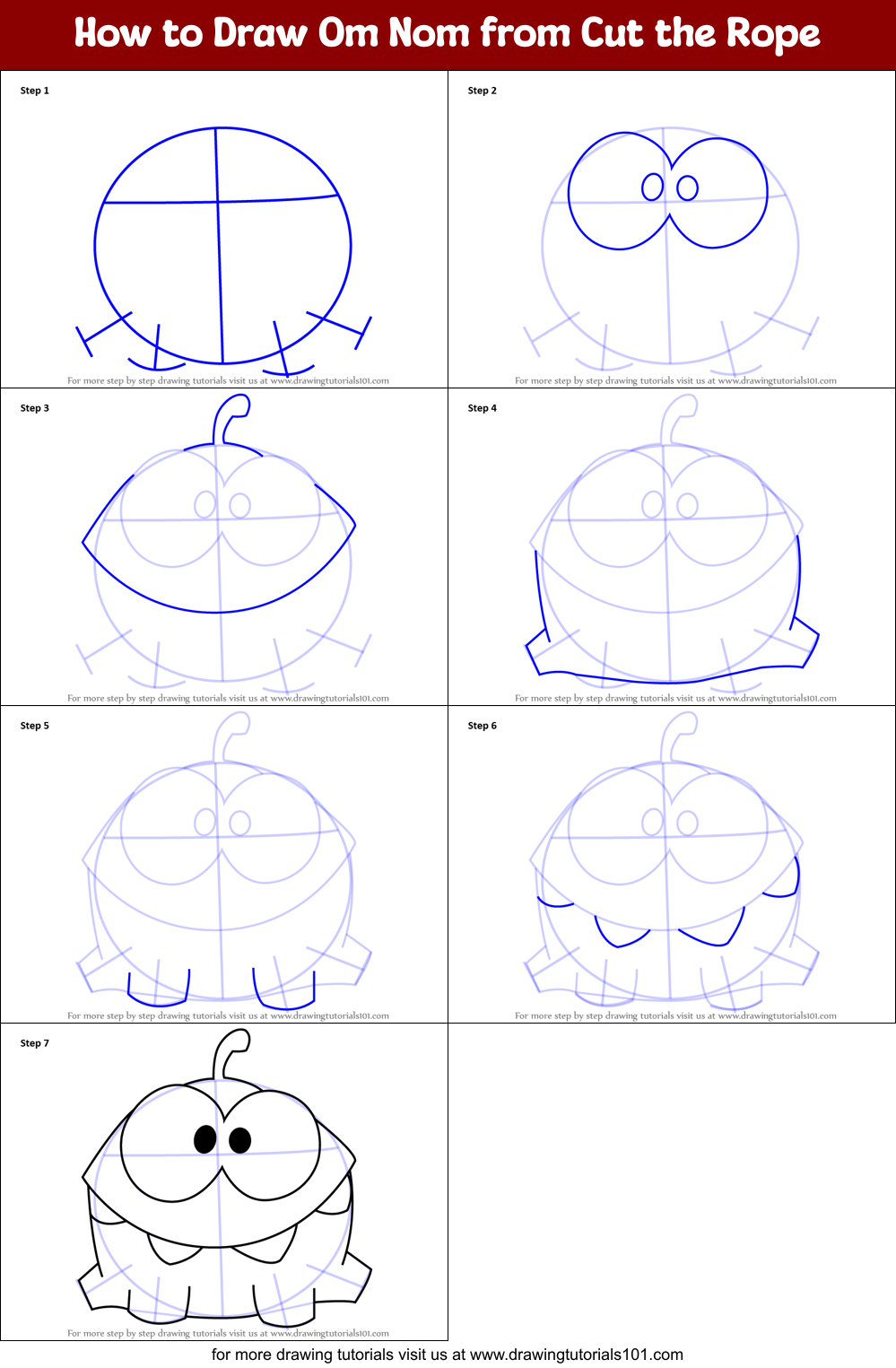 How to Draw Om Nom from Cut the Rope printable step by step drawing