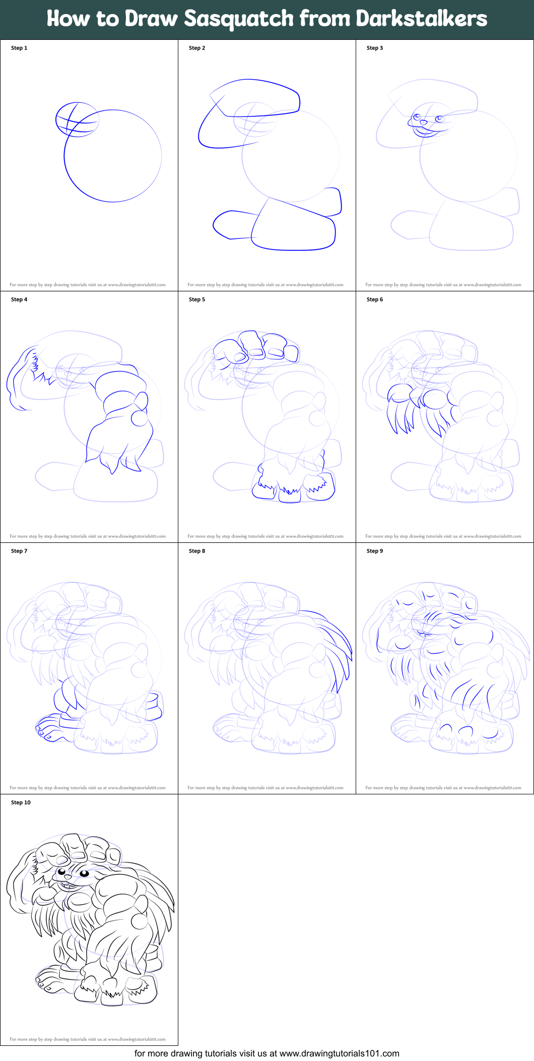 How to Draw Sasquatch from Darkstalkers printable step by step drawing ...