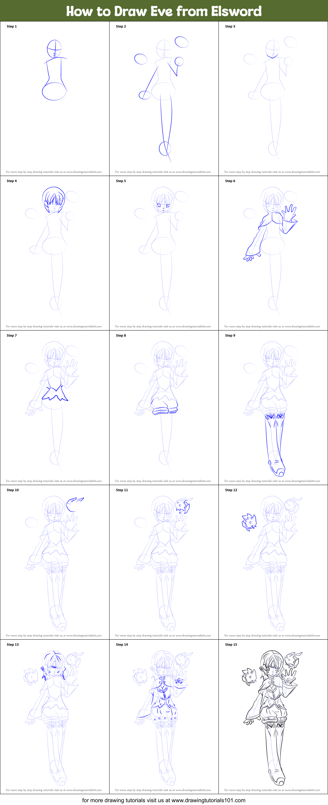 How to Draw Eve from Elsword printable step by step drawing sheet