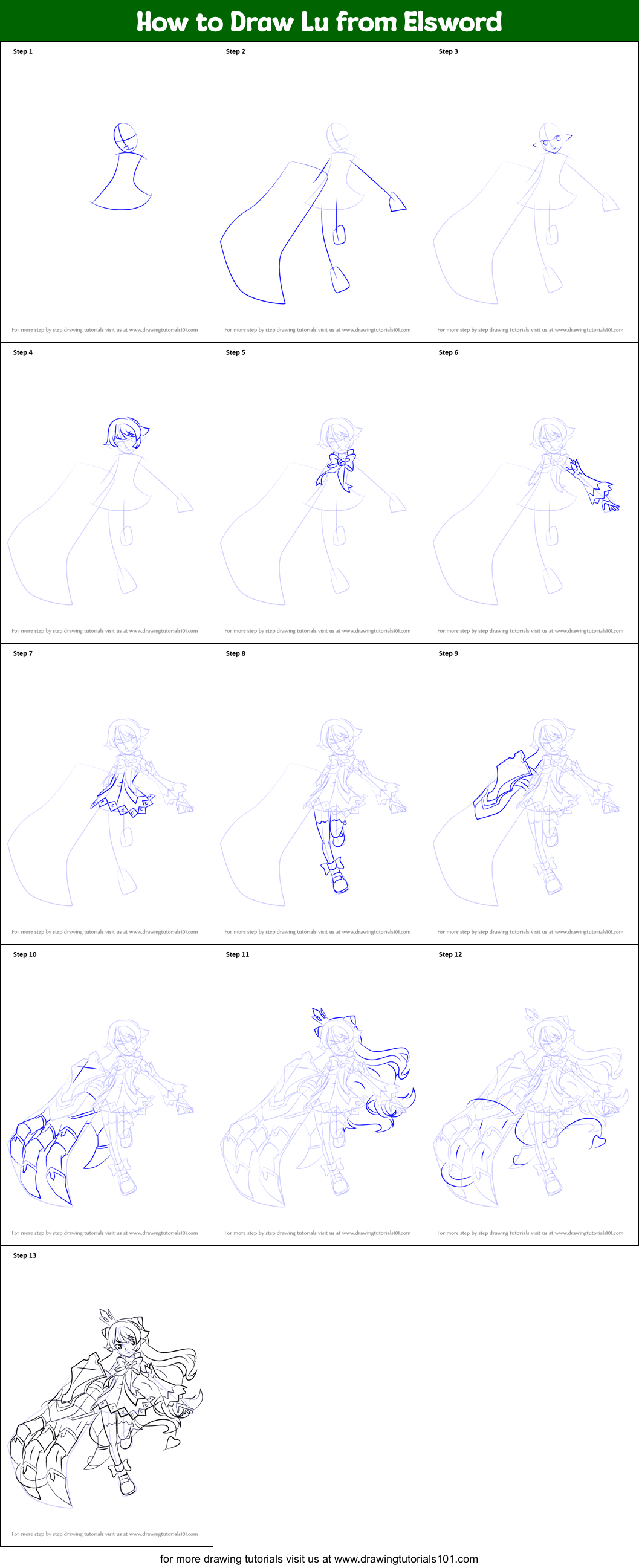 How to Draw Lu from Elsword printable step by step drawing sheet ...