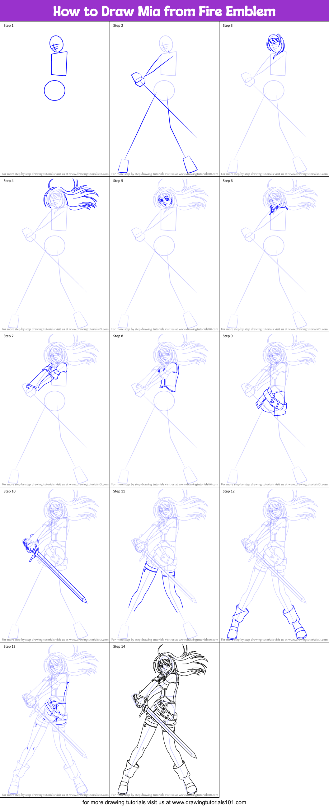 How to Draw Mia from Fire Emblem printable step by step drawing sheet ...