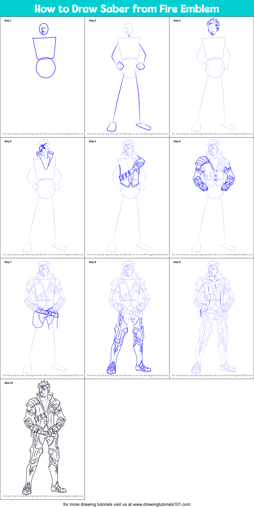 How to Draw Saber from Fire Emblem printable step by step drawing sheet