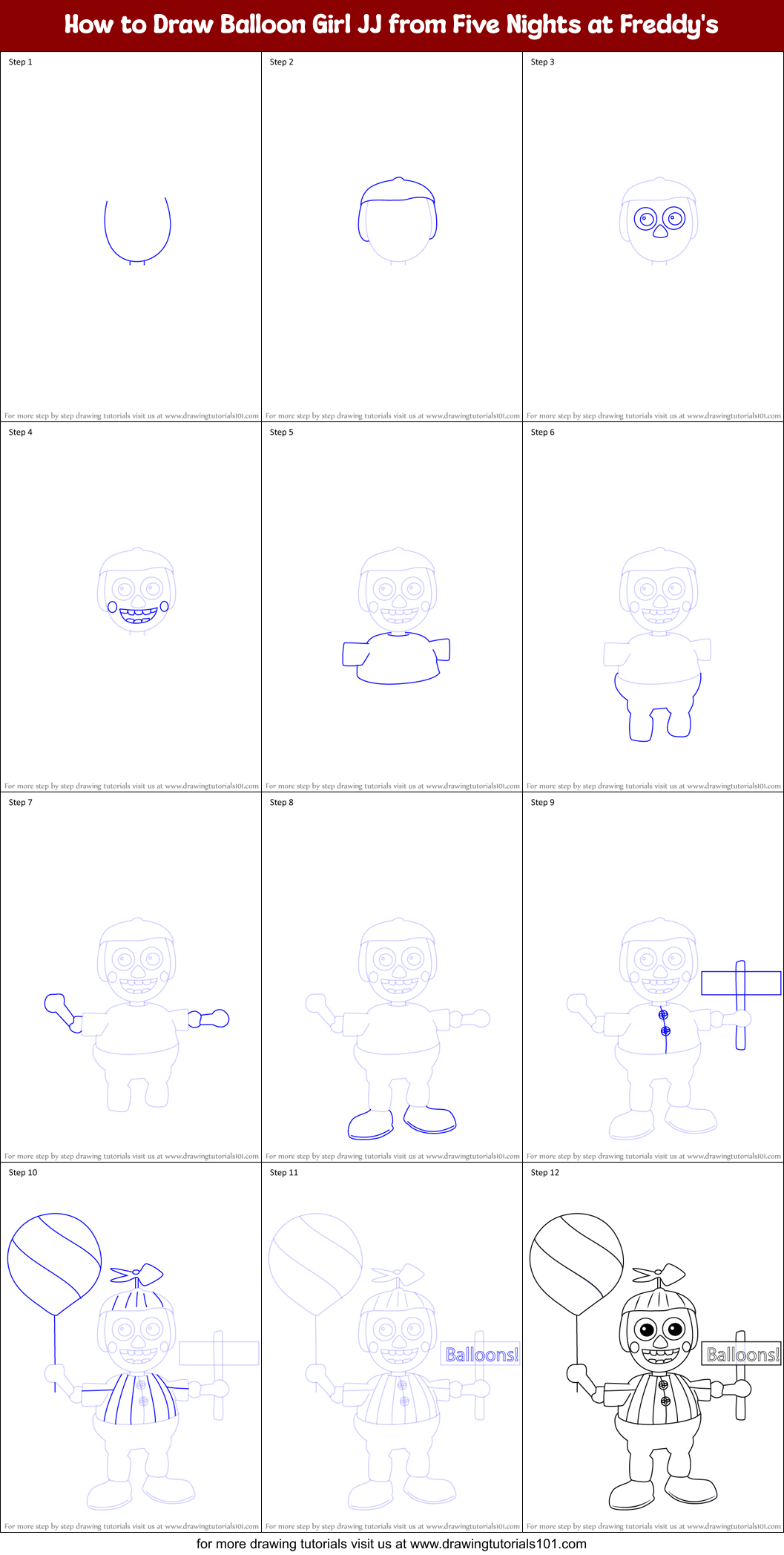 How to Draw Balloon Girl JJ from Five Nights at Freddy's printable step ...