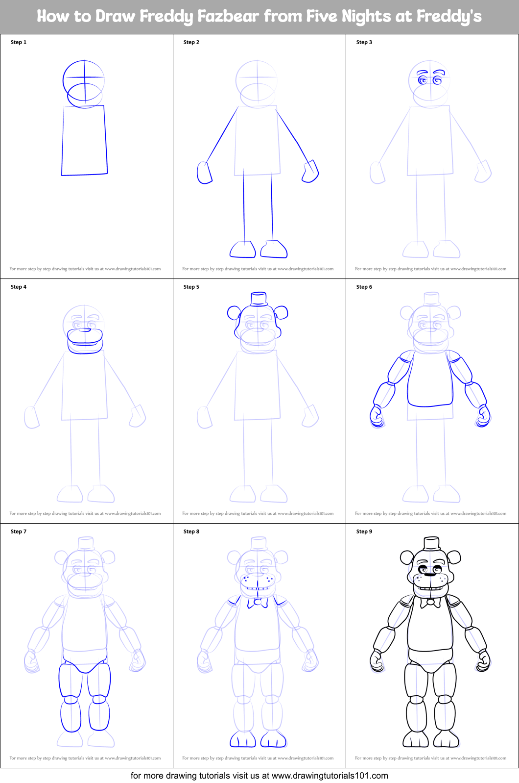 How to Draw Freddy Fazbear from Five Nights at Freddy's printable step