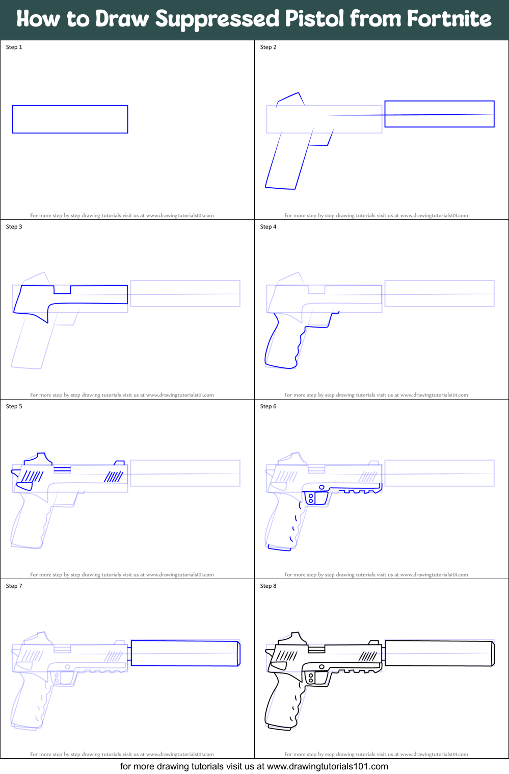 How to Draw Suppressed Pistol from Fortnite printable step by step ...