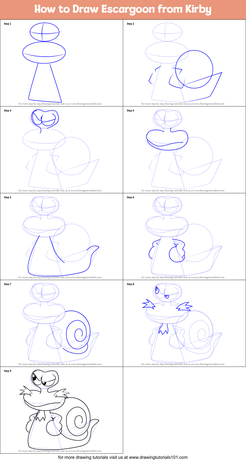 How to Draw Escargoon from Kirby printable step by step drawing sheet ...