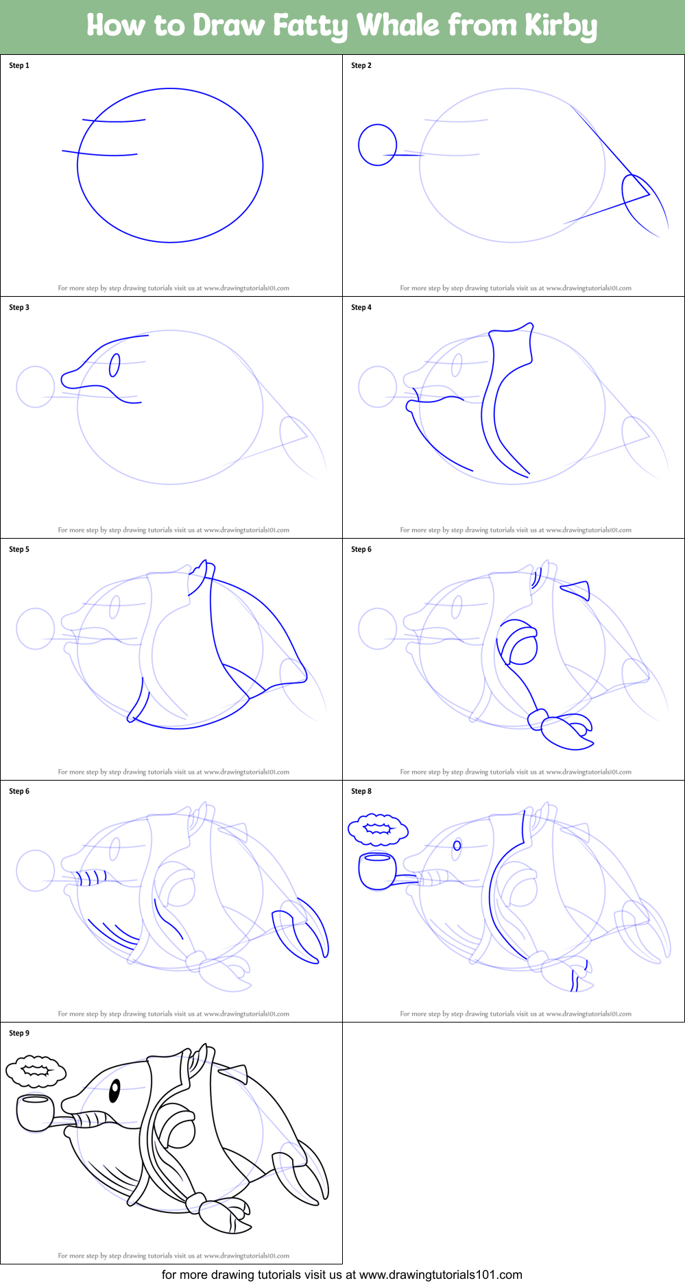 How to Draw Fatty Whale from Kirby printable step by step drawing sheet ...