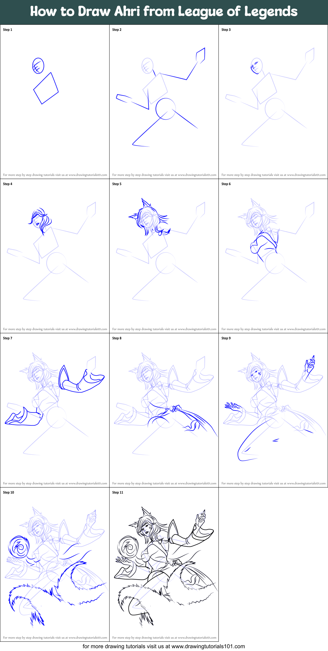How to Draw Ahri from League of Legends printable step by step drawing ...