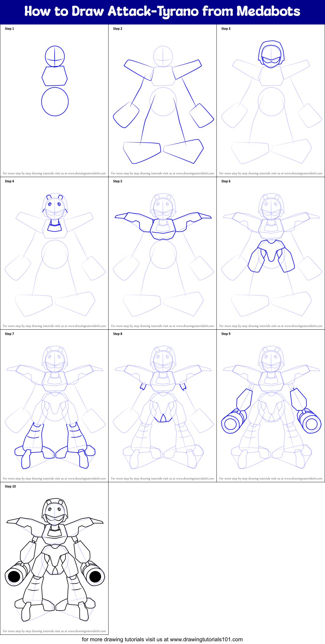 How to Draw Attack-Tyrano from Medabots printable step by step drawing ...