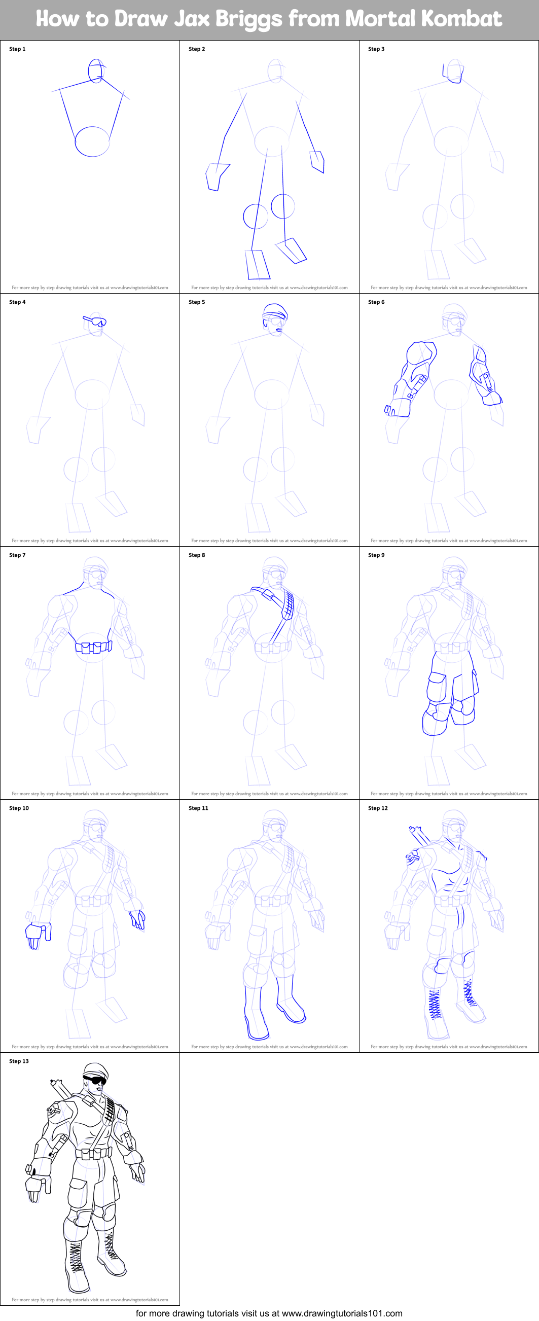 How to Draw Jax Briggs from Mortal Kombat printable step by step