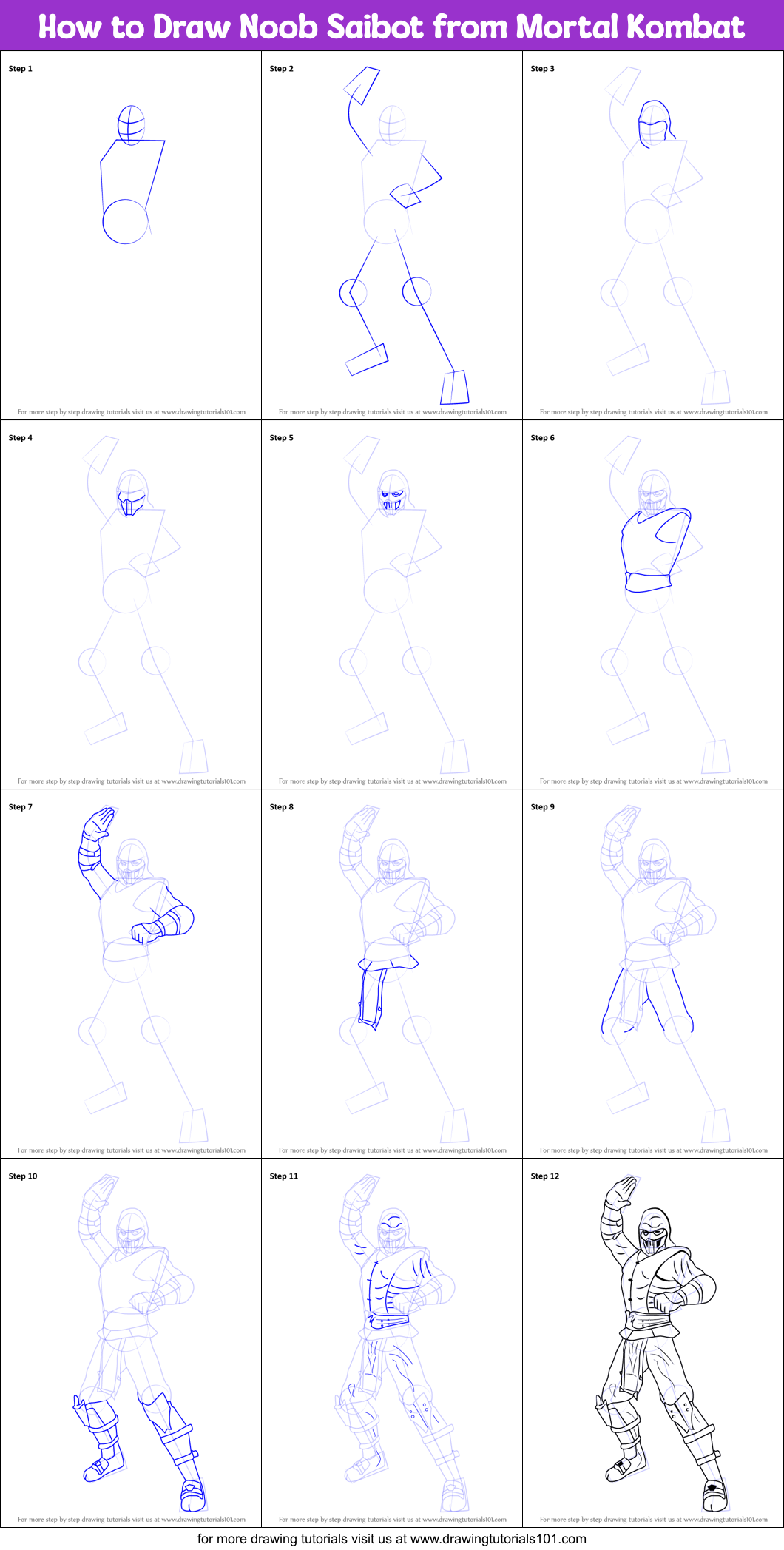 How to Draw Noob Saibot from Mortal Kombat printable step by step