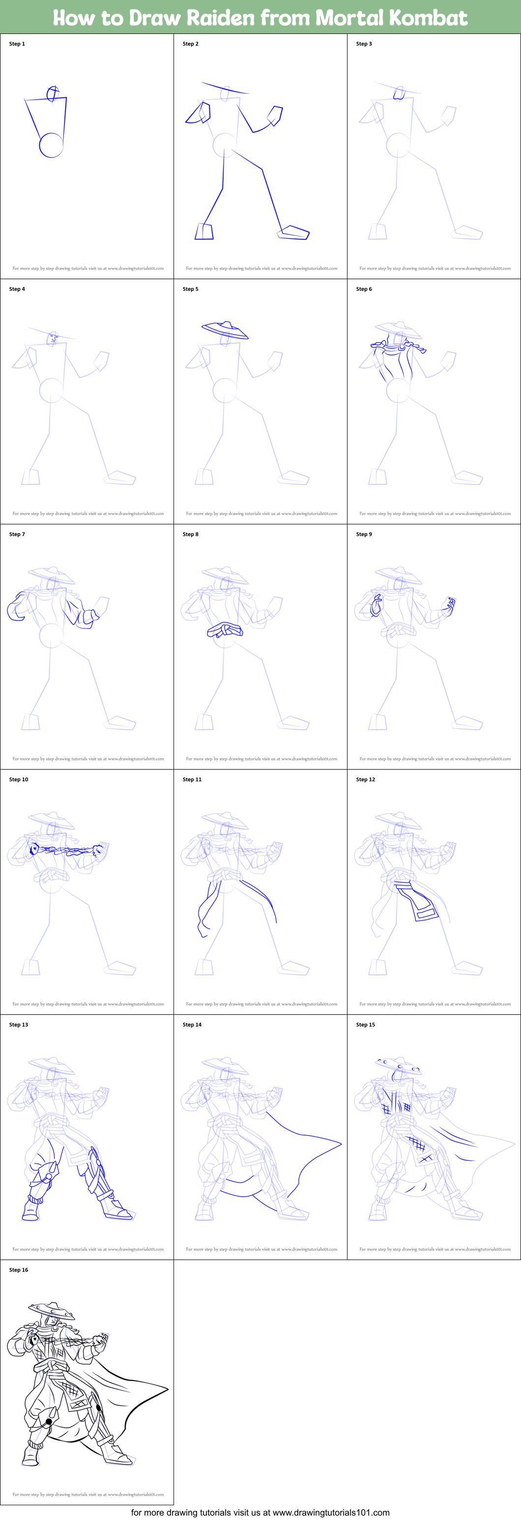 How to Draw Raiden from Mortal Kombat printable step by step drawing ...