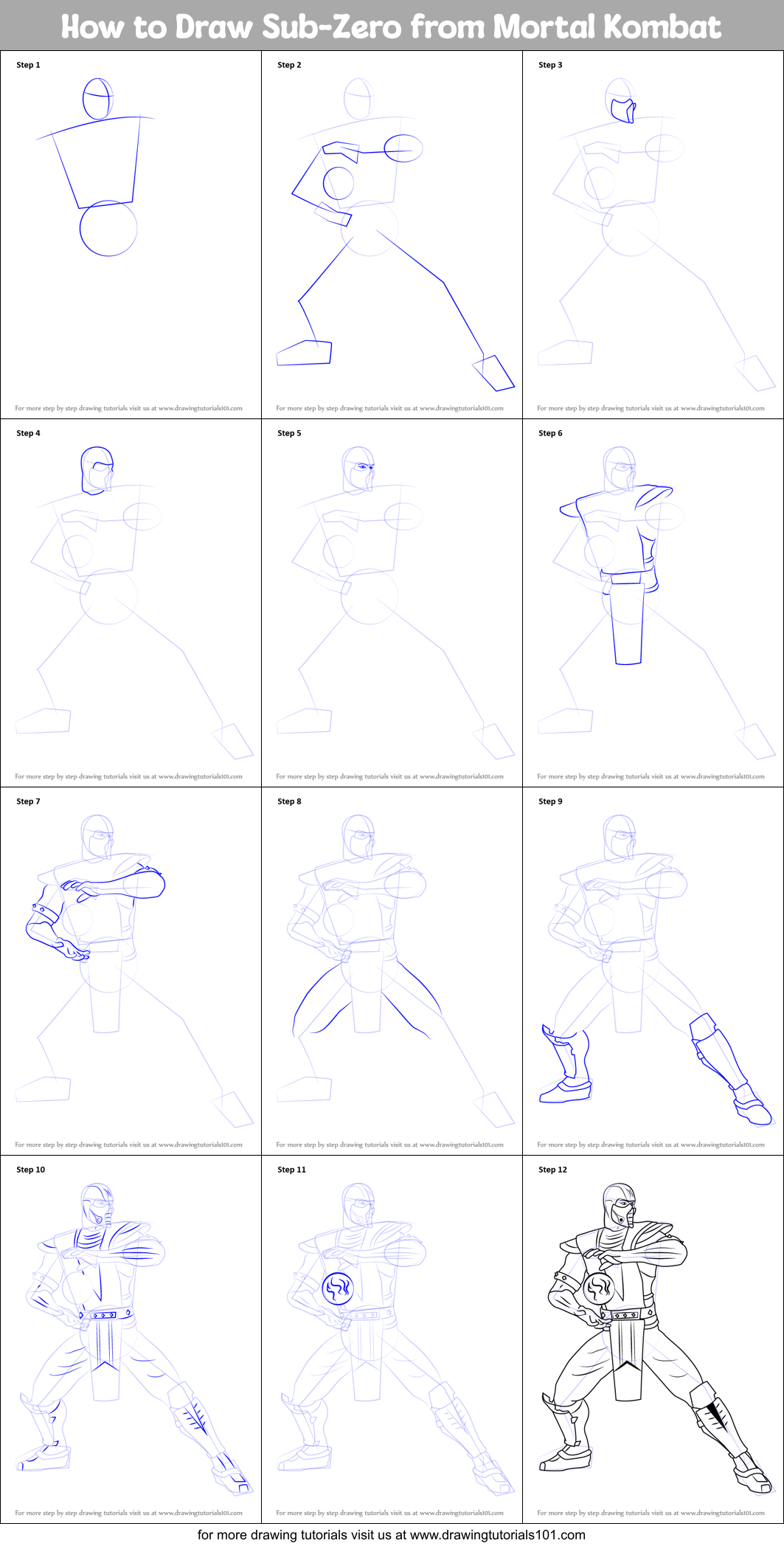 How to Draw SubZero from Mortal Kombat printable step by step drawing