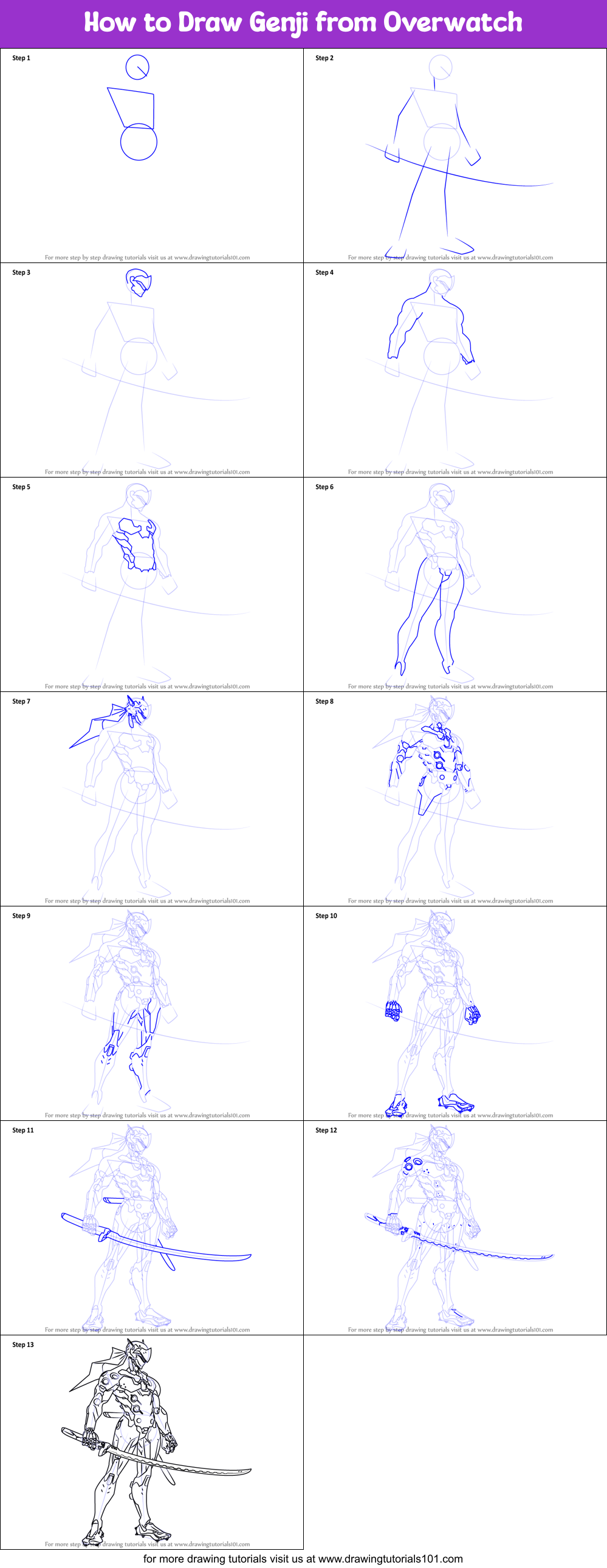 How to Draw Genji from Overwatch printable step by step drawing sheet ...