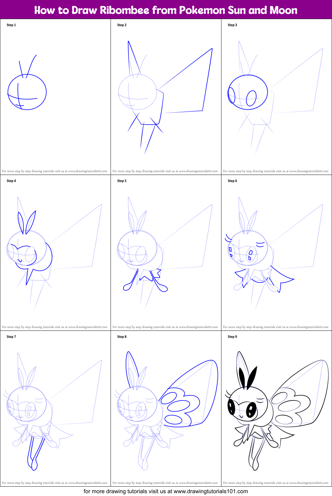 How to Draw Ribombee from Pokemon Sun and Moon printable step by step