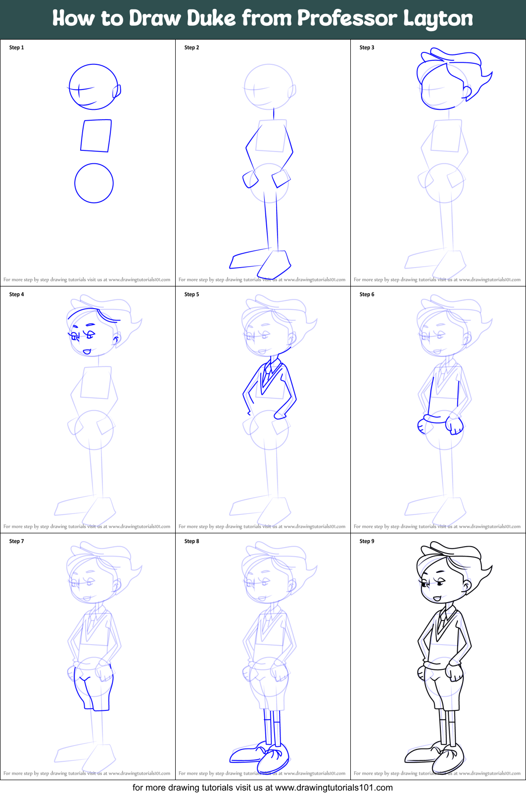 How to Draw Duke from Professor Layton printable step by step drawing