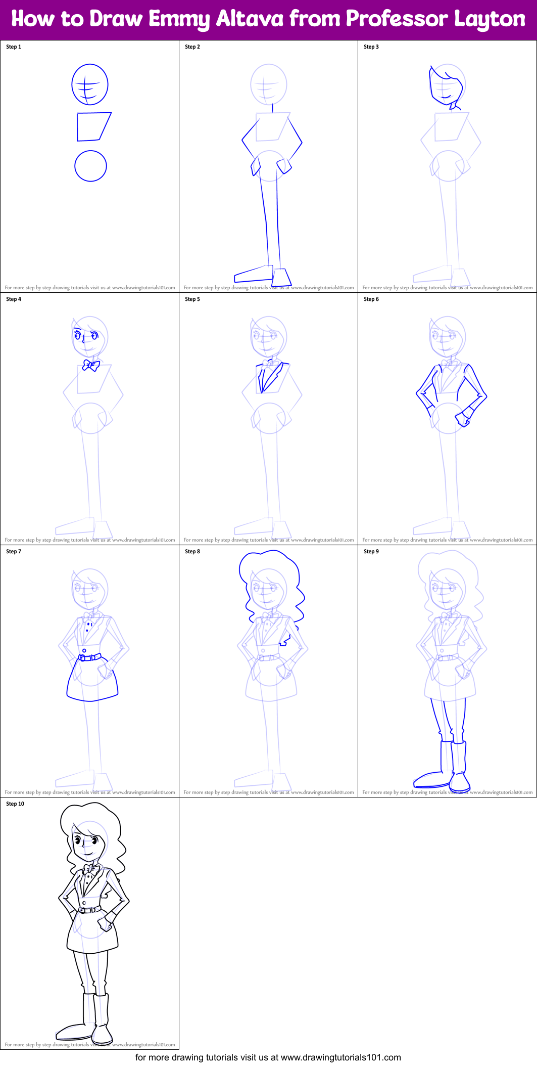 How to Draw Emmy Altava from Professor Layton printable step by step ...