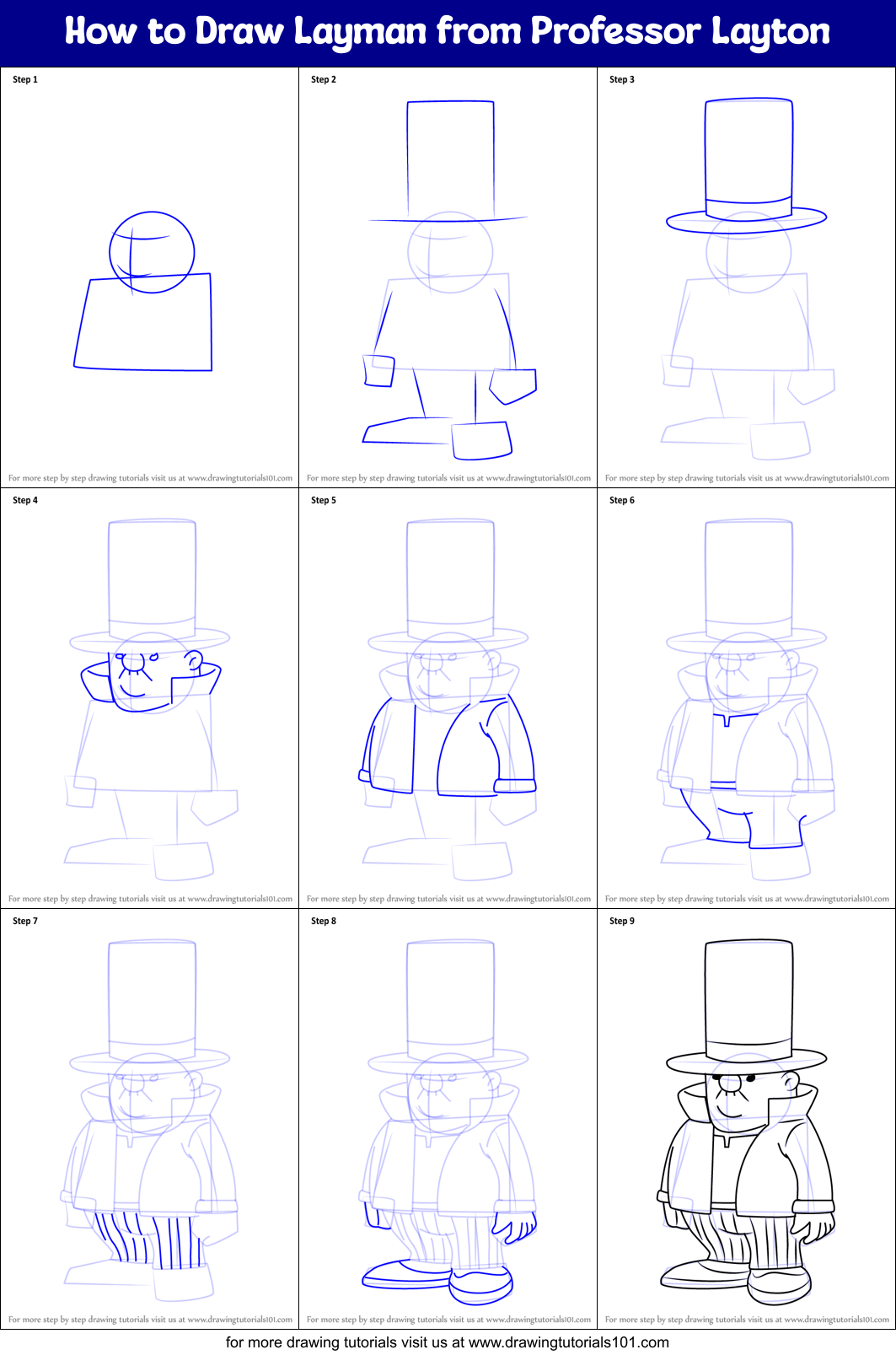 How to Draw Layman from Professor Layton printable step by step drawing ...