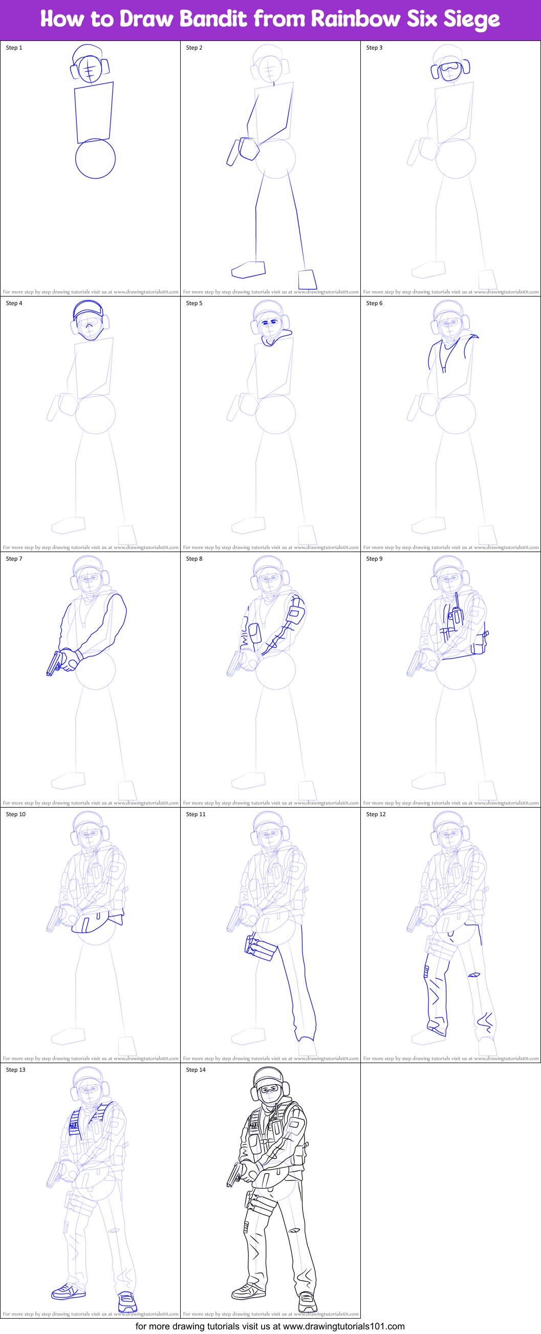 How to Draw Bandit from Rainbow Six Siege printable step by step
