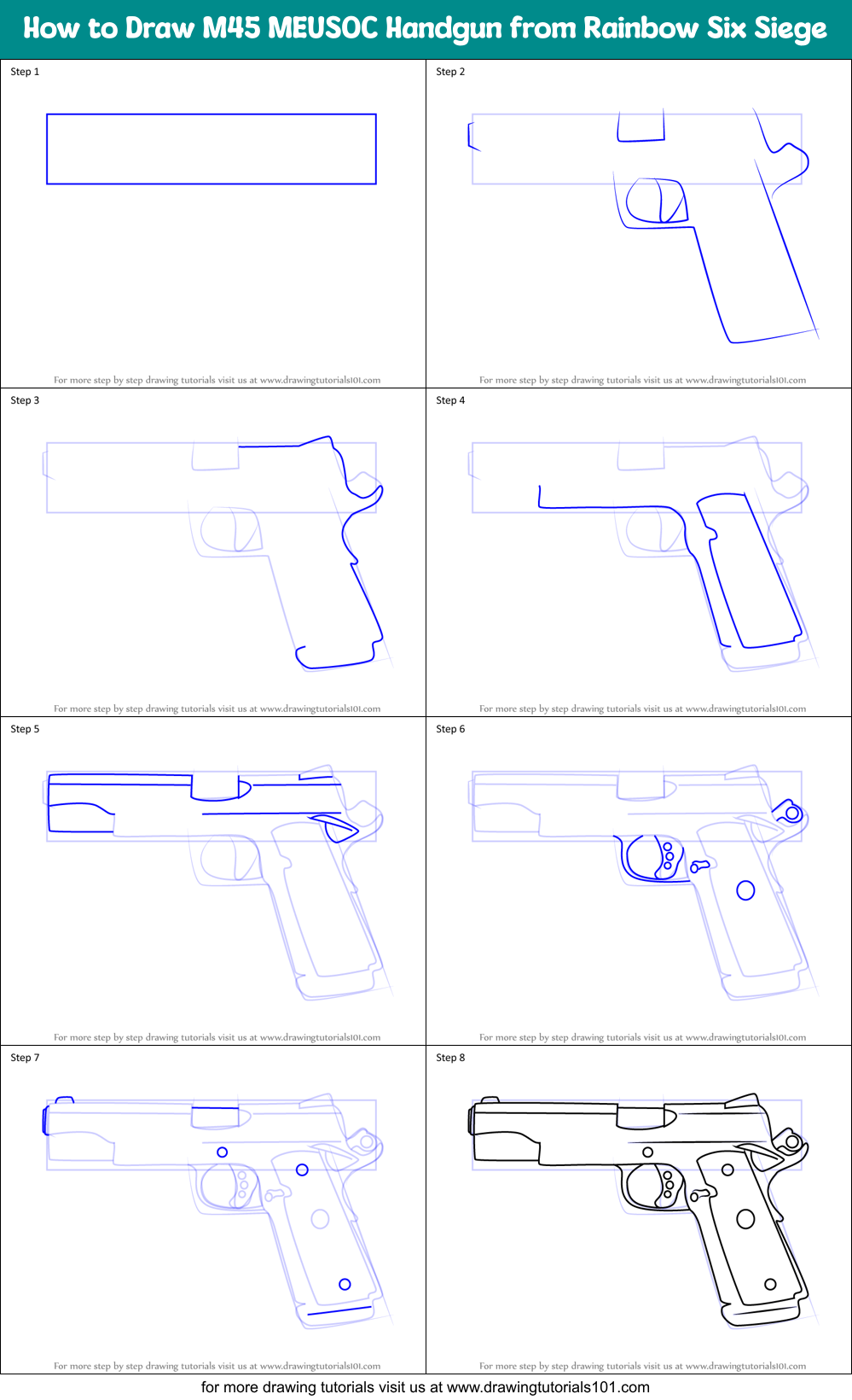 How to Draw M45 MEUSOC Handgun from Rainbow Six Siege printable step by ...