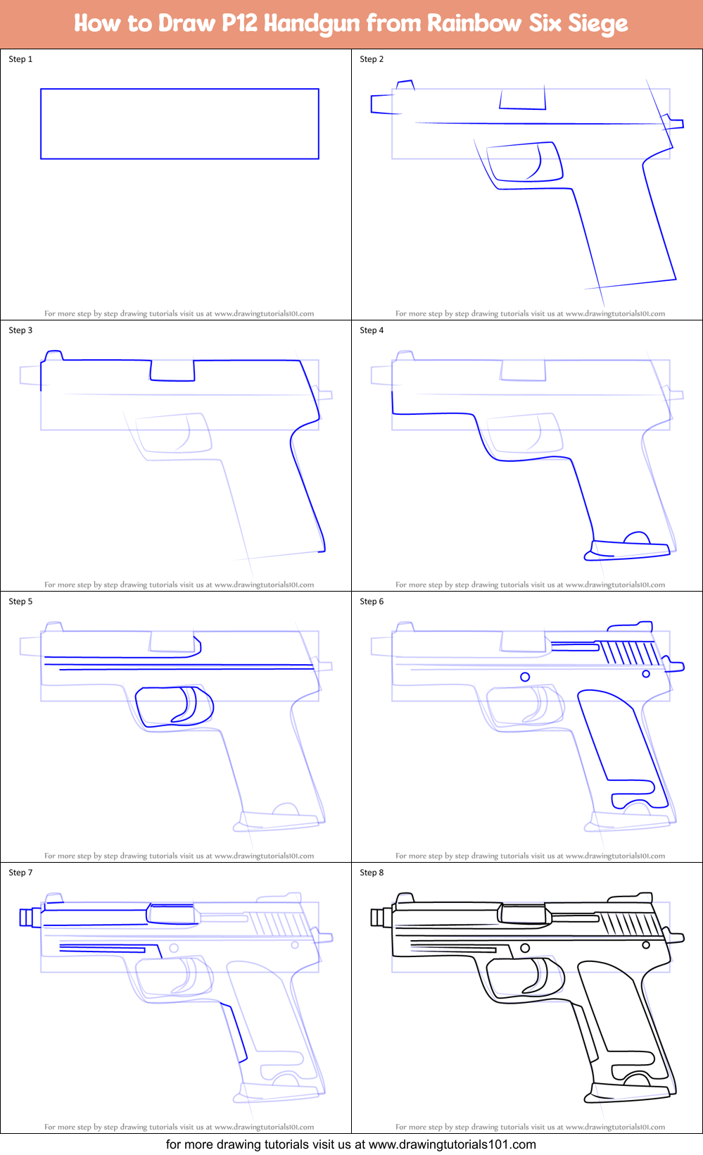 How to Draw P12 Handgun from Rainbow Six Siege printable step by step ...