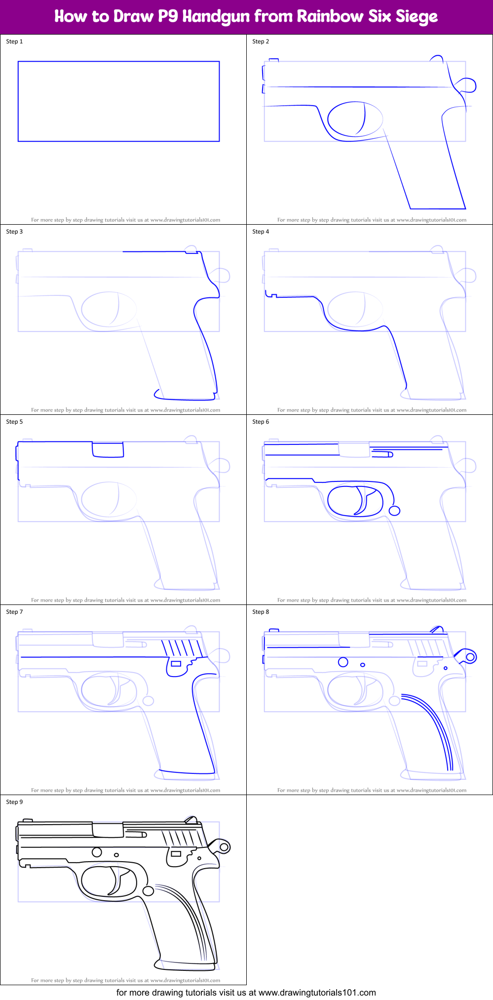 How to Draw P9 Handgun from Rainbow Six Siege printable step by step ...