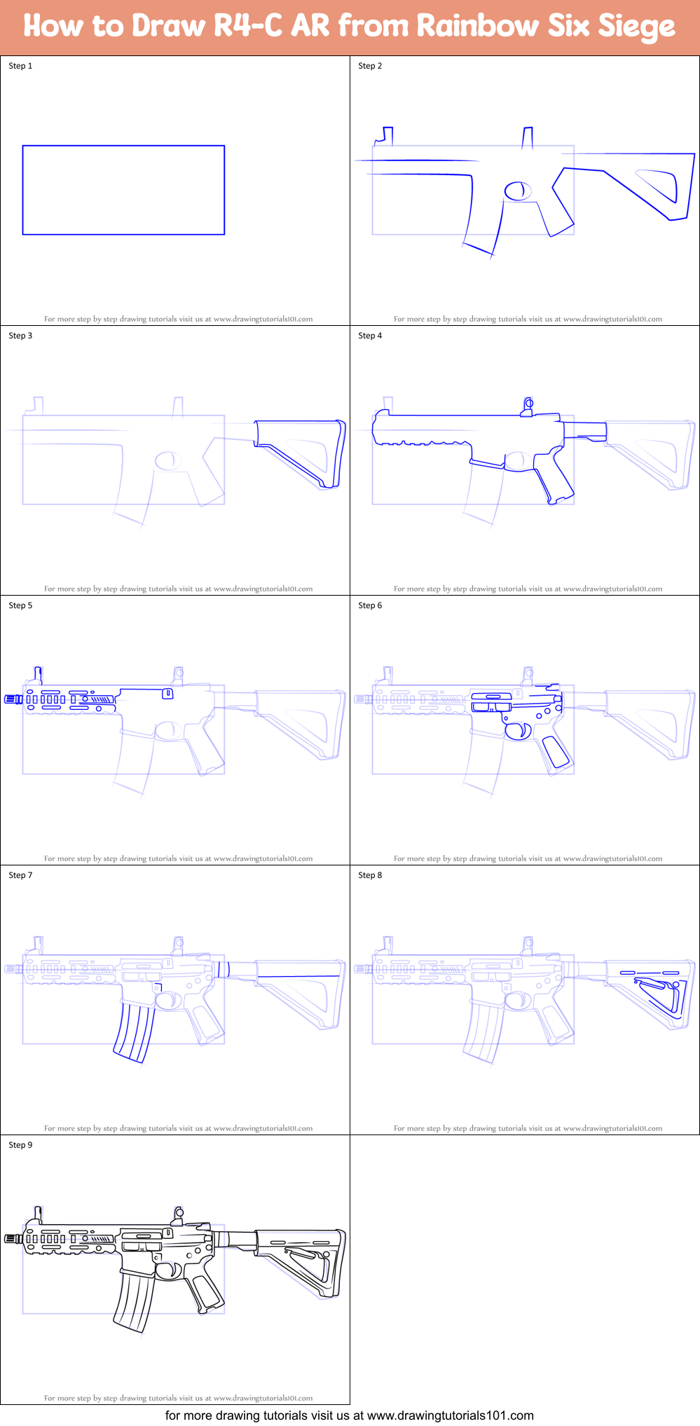 How to Draw R4-C AR from Rainbow Six Siege printable step by step ...