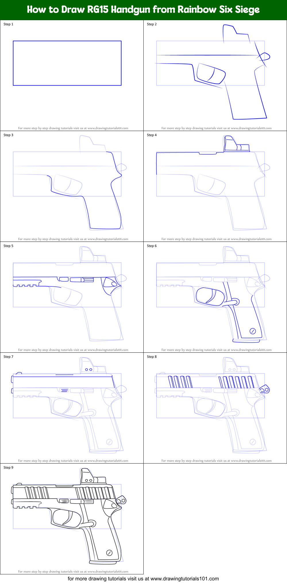 How to Draw RG15 Handgun from Rainbow Six Siege printable step by step ...