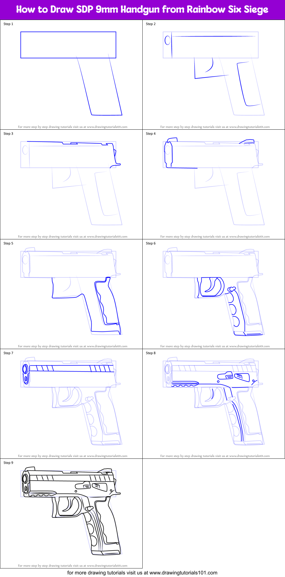 How to Draw SDP 9mm Handgun from Rainbow Six Siege printable step by ...