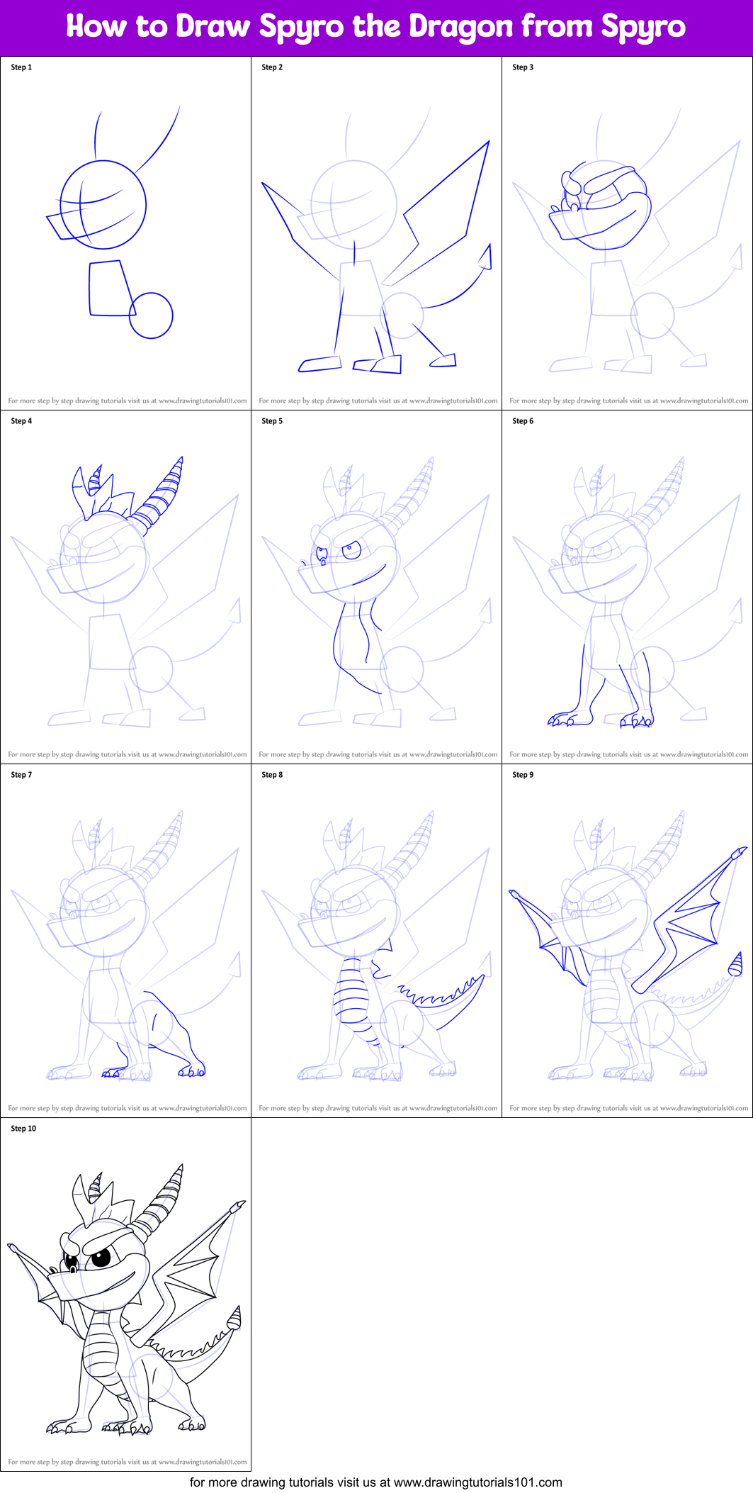 How to Draw Spyro the Dragon from Spyro printable step by step drawing
