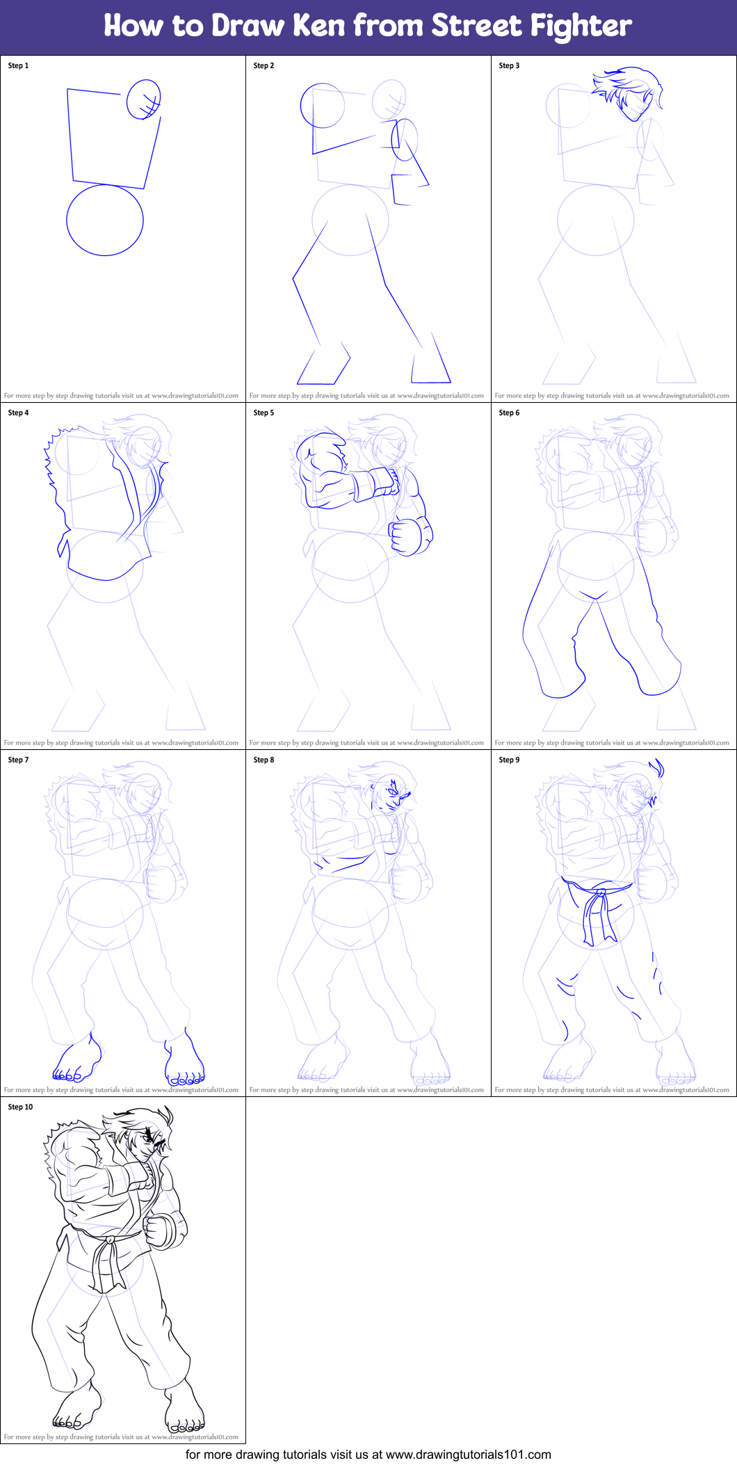 How to Draw Ken from Street Fighter printable step by step drawing