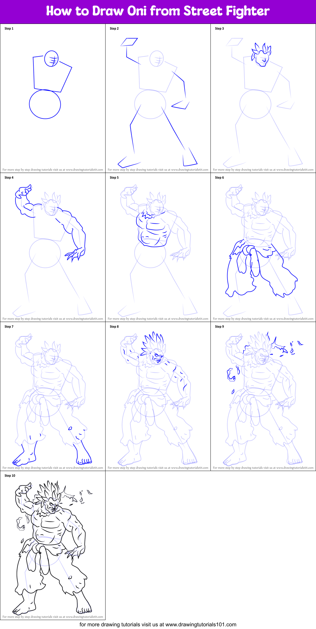 How to Draw Oni from Street Fighter printable step by step drawing ...