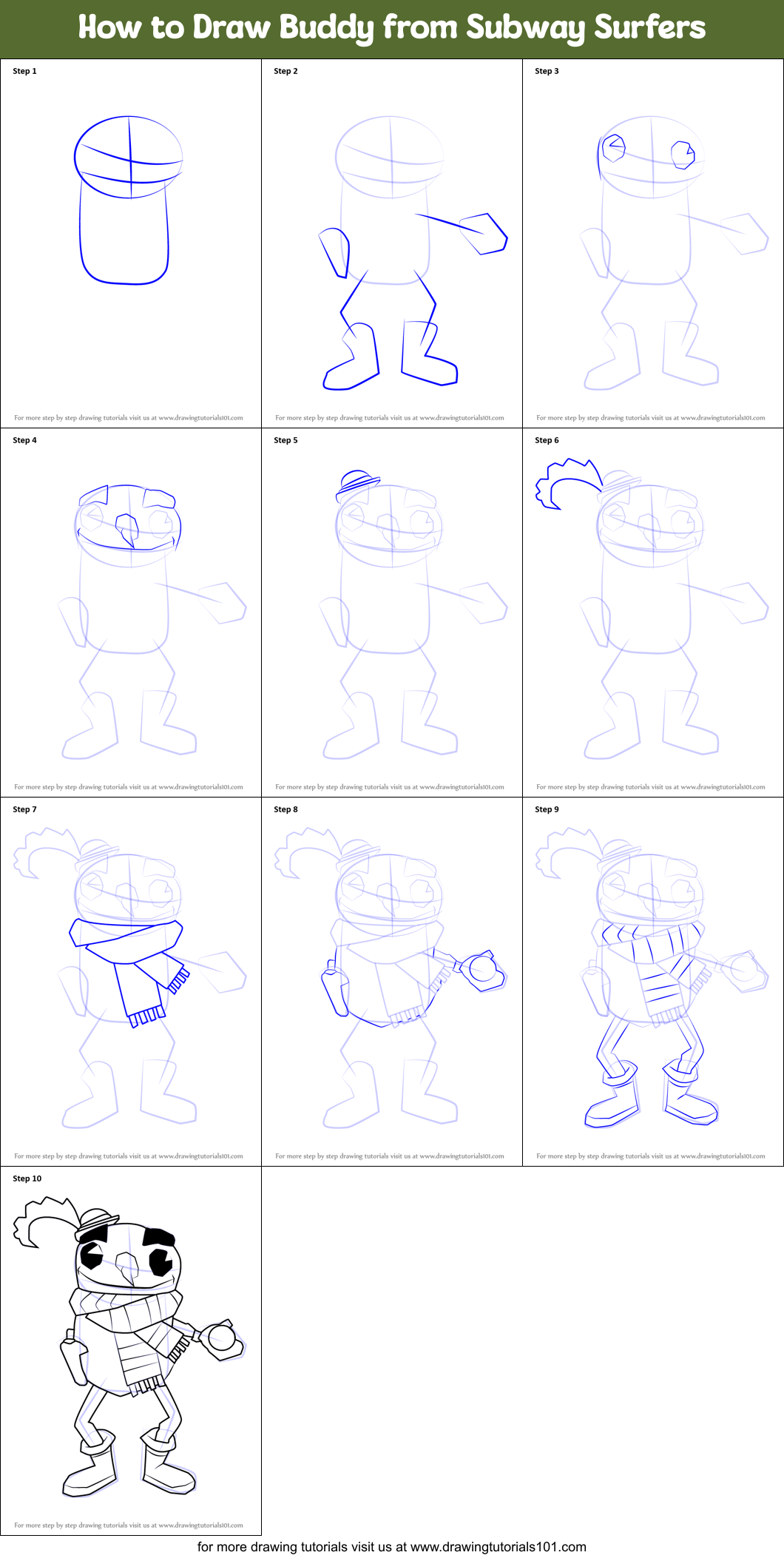 How to Draw Buddy from Subway Surfers printable step by step drawing ...