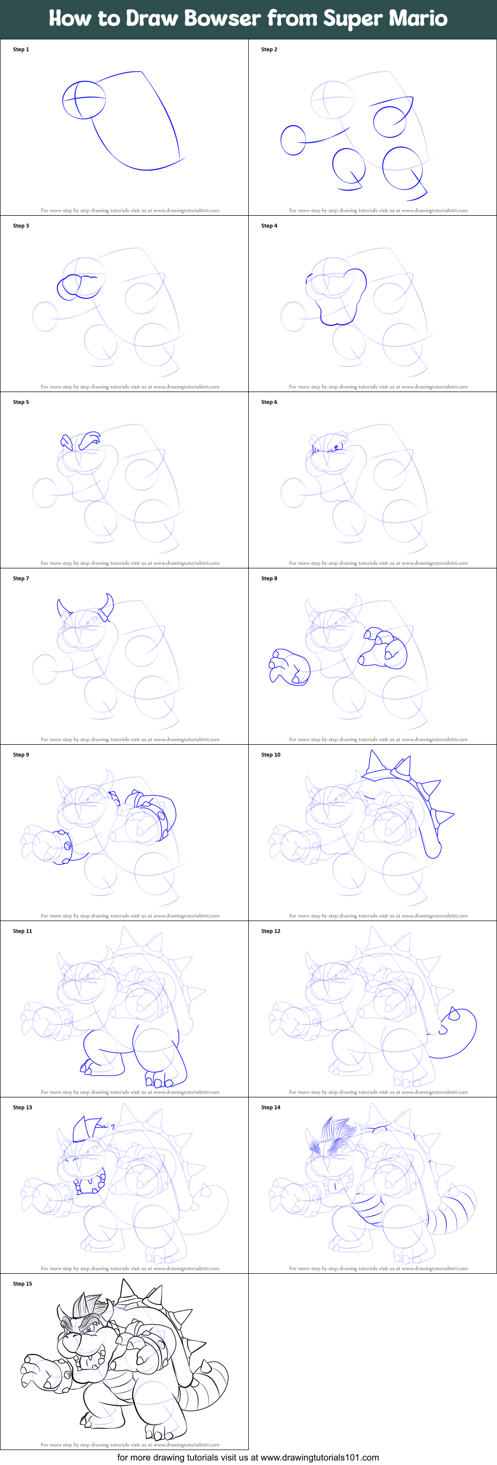 How to Draw Bowser from Super Mario printable step by step drawing ...