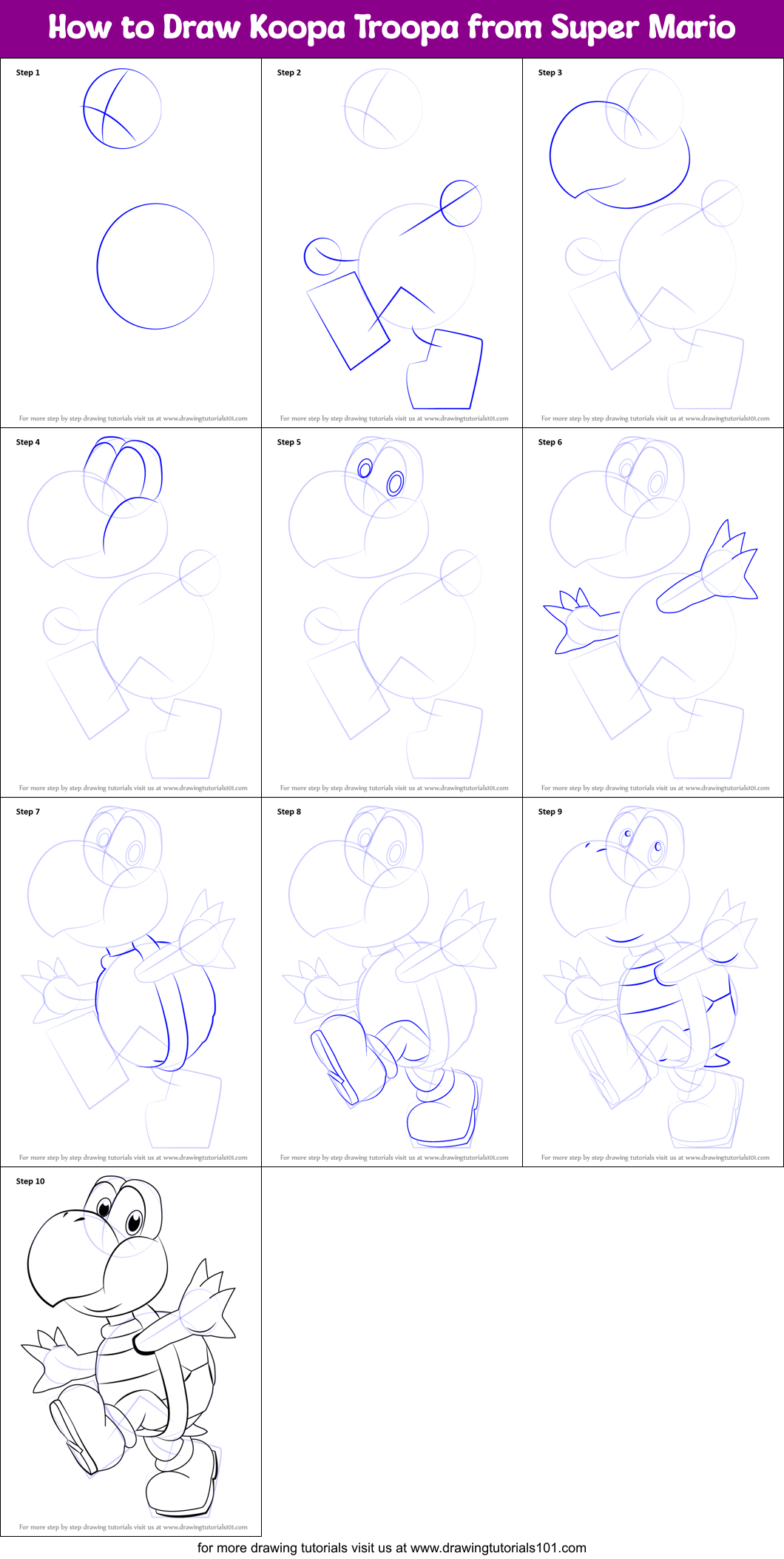 How to Draw Koopa Troopa from Super Mario printable step by step