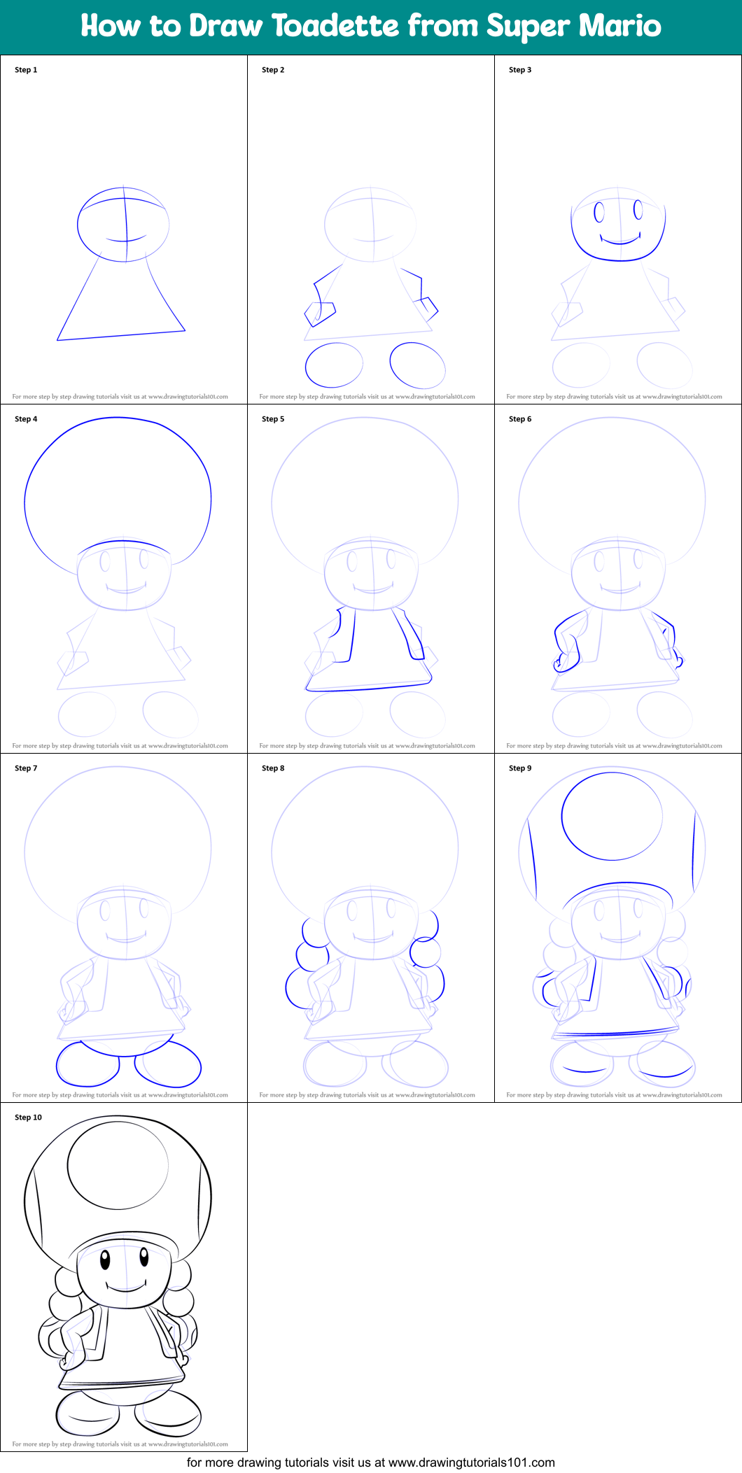 How To Draw Toadette From Super Mario Printable Step By Step Drawing Sheet 