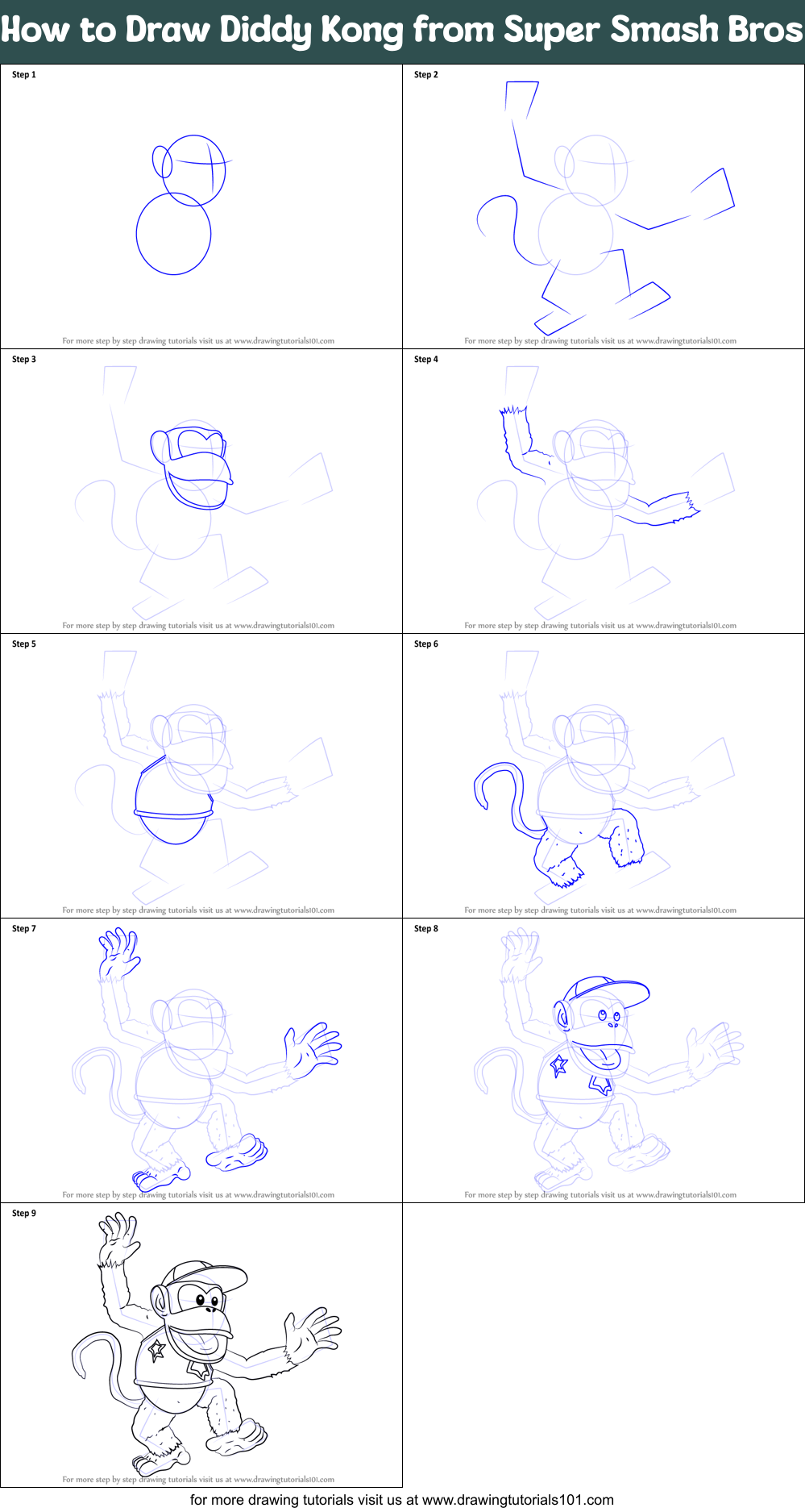 How to Draw Diddy Kong from Super Smash Bros printable step by step ...
