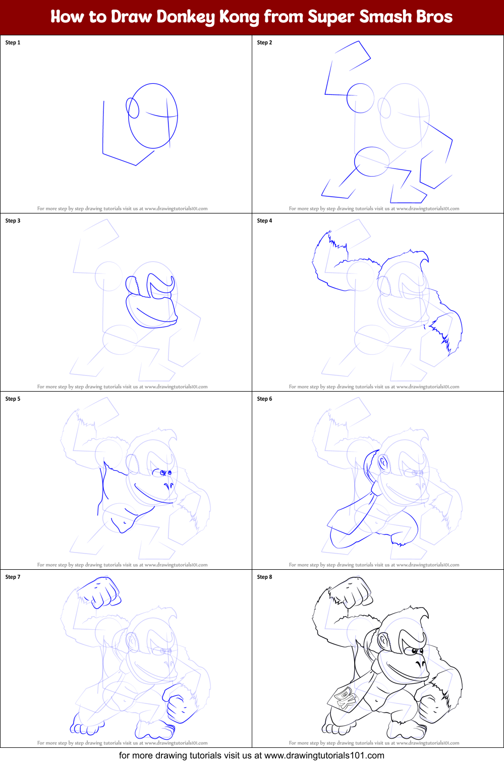 How to Draw Donkey Kong from Super Smash Bros printable step by step