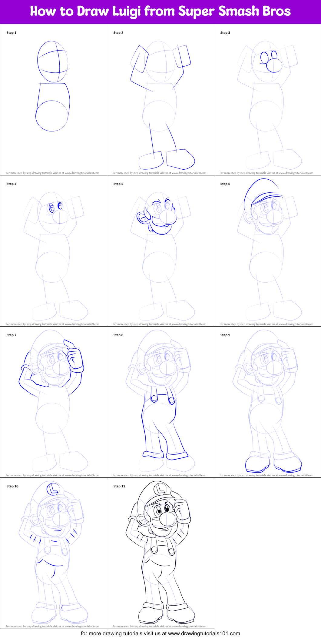 How to Draw Luigi from Super Smash Bros printable step by step drawing ...