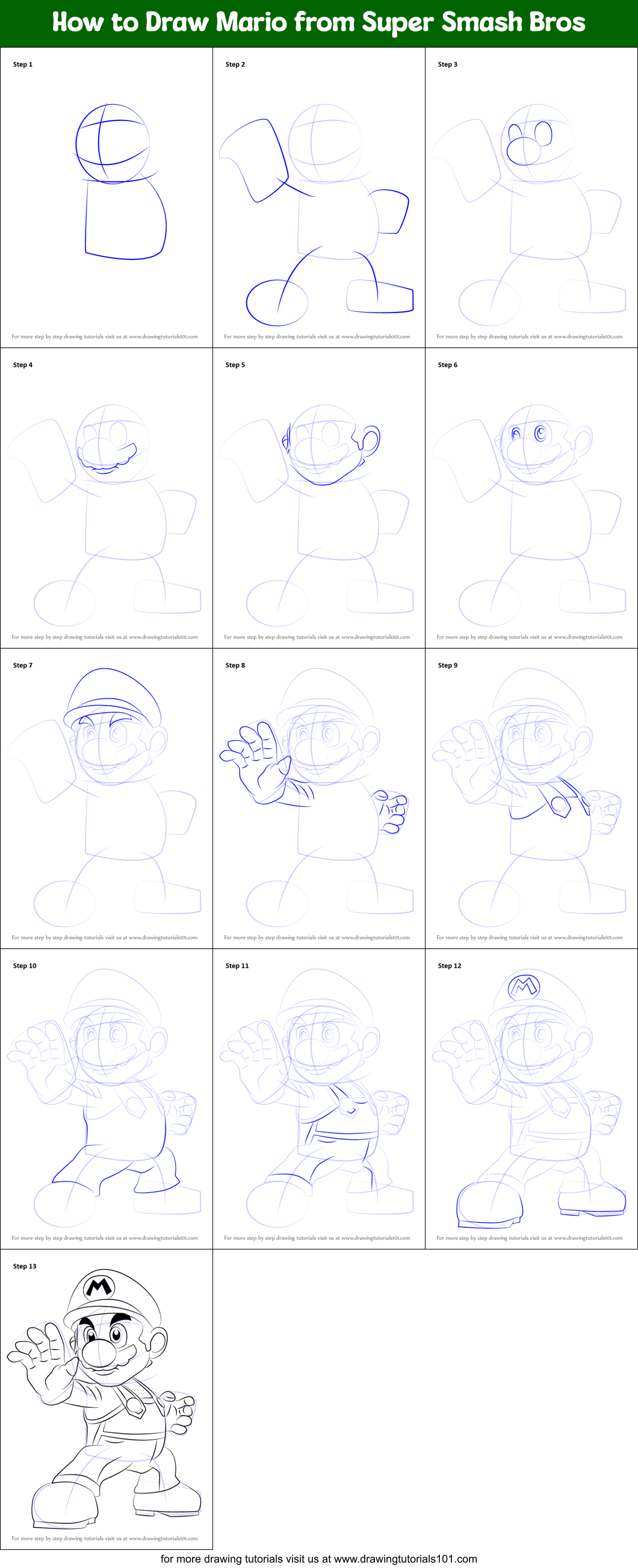 How to Draw Mario from Super Smash Bros printable step by step drawing