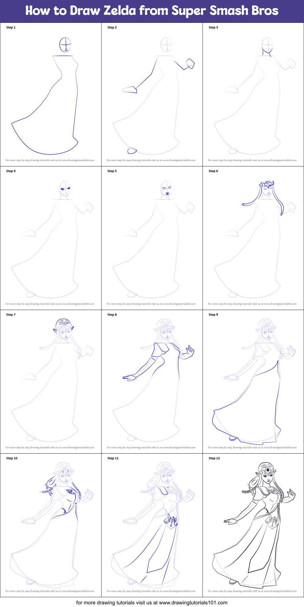 How to Draw Zelda from Super Smash Bros printable step by step drawing ...