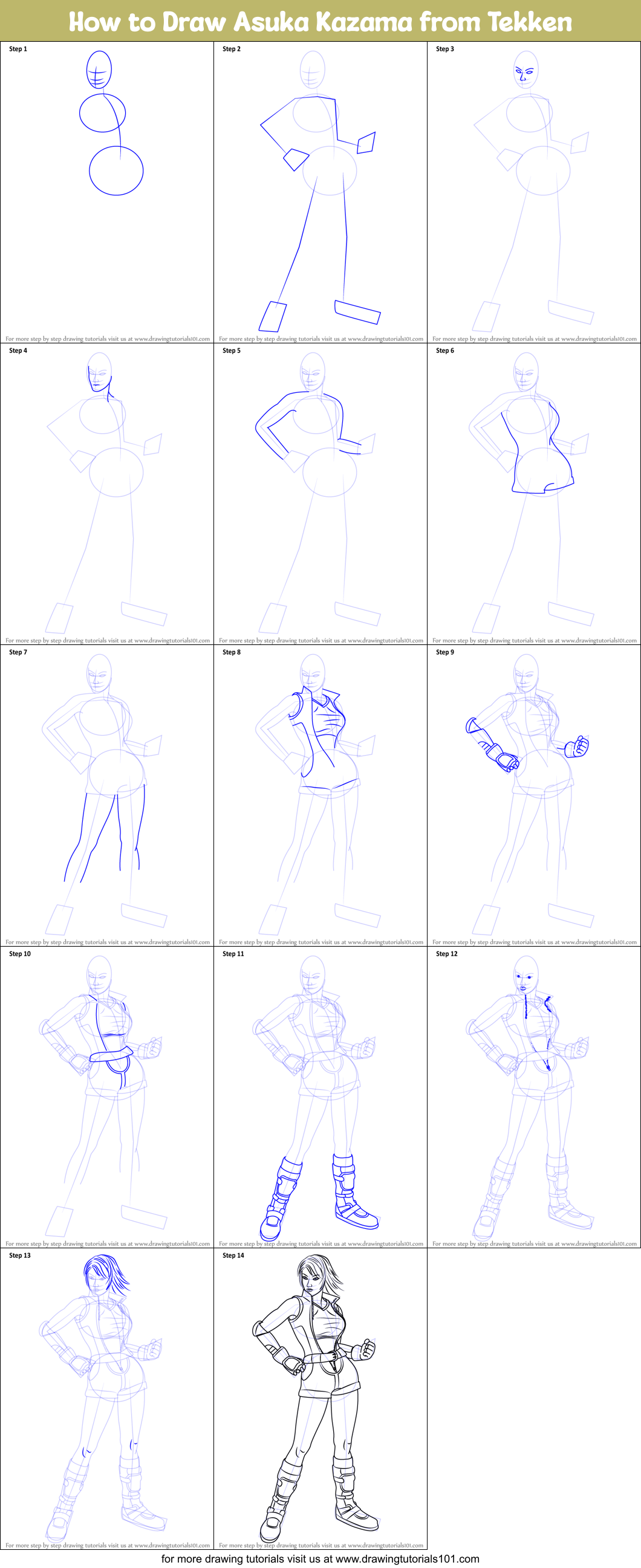 How to Draw Asuka Kazama from Tekken printable step by step drawing ...