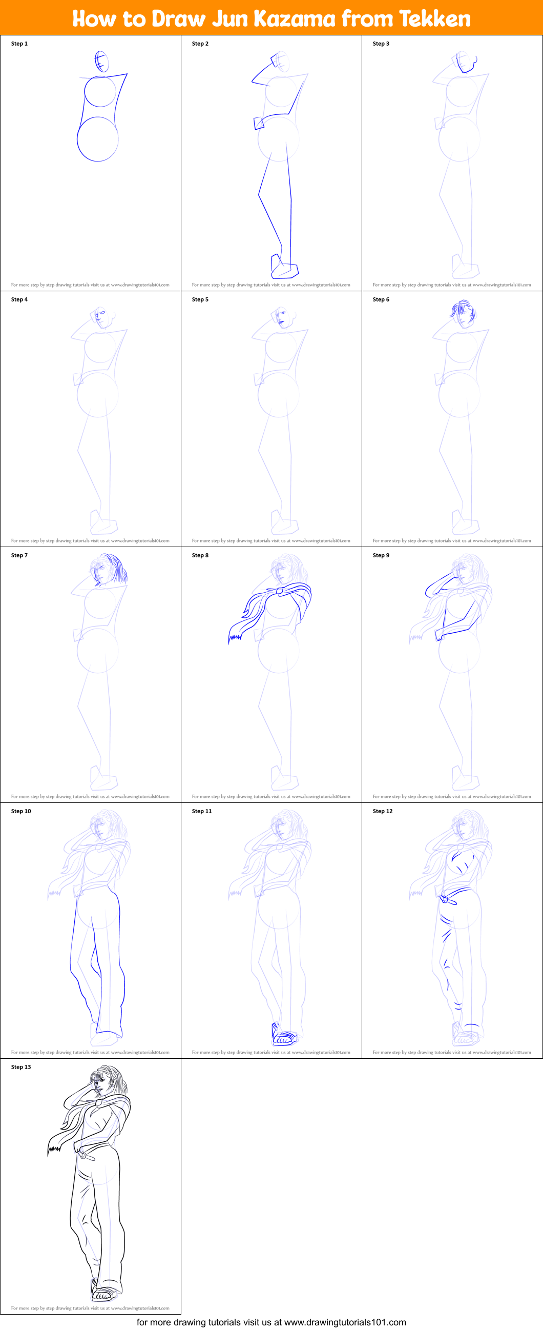 How To Draw Jun Kazama From Tekken Printable Step By Step Drawing Sheet Drawingtutorials Com
